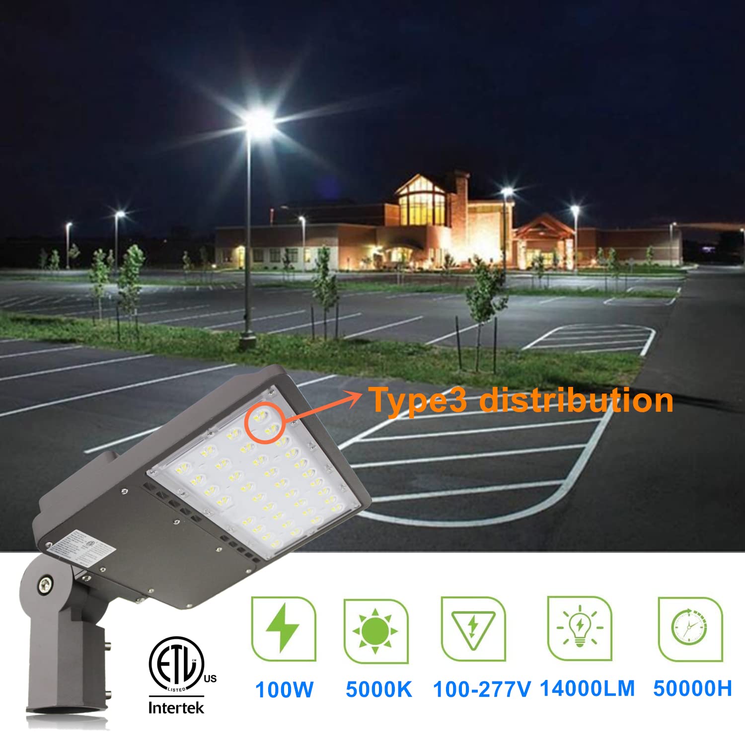Eccfutll 100W Led Parking Lot Light, 14000Lm, Dusk To Dawn, Adjustable Slip Fitter,