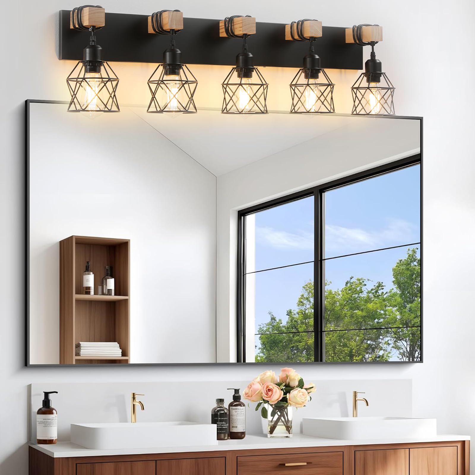 Farmhouse Vanity Light Fixture 5-Light Bathroom Lighting Black Industrial Wood Wall Light Over Mirror With Metal Shade Led Bulbs Not Included