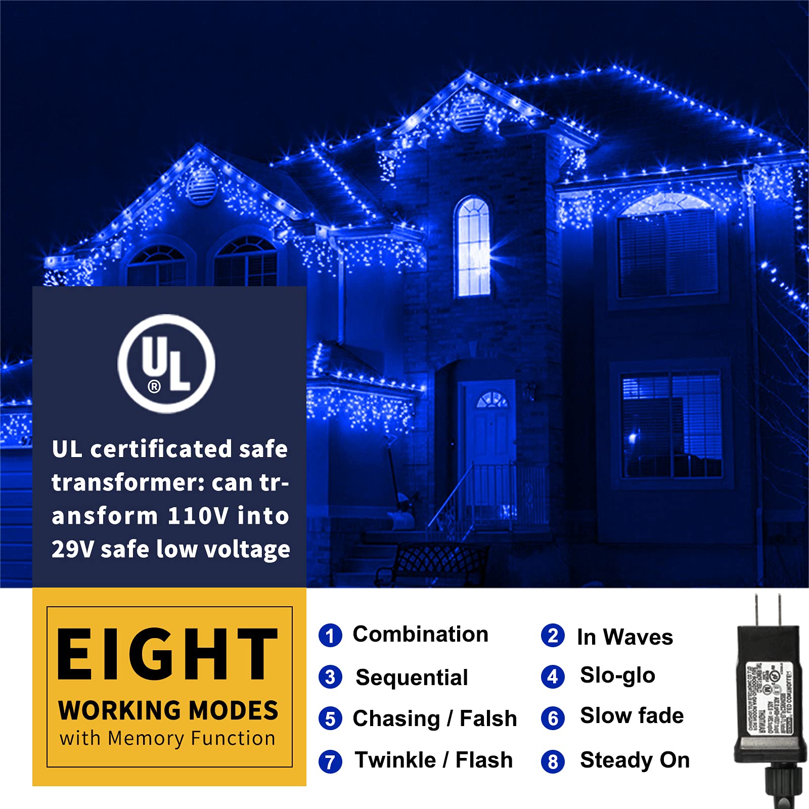 Xtf2015 105Ft 300 Led Christmas String Lights, Blue, Ul Certified, 8 Modes, Indoor/Outdoor, Model Ql300Ae
