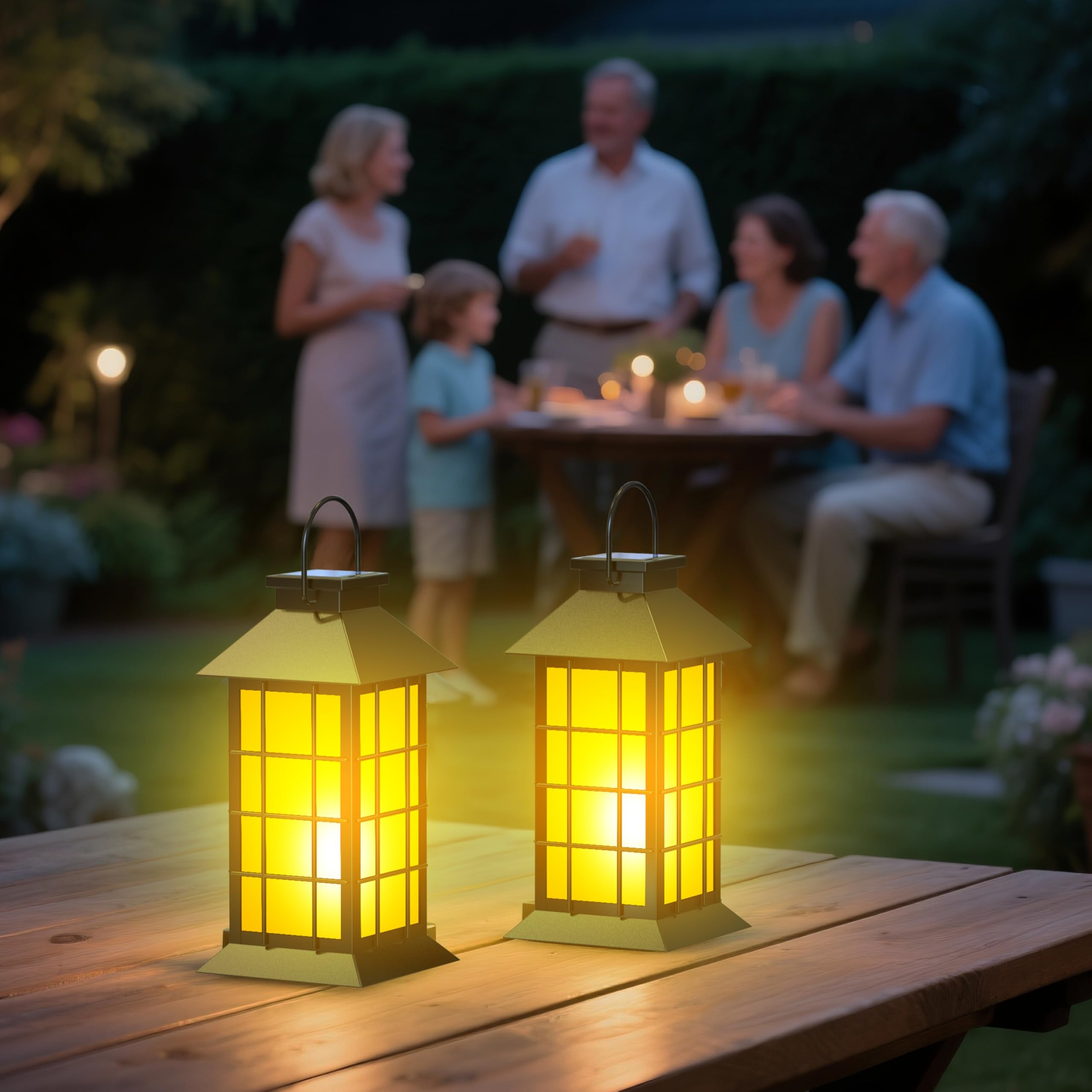 anyperfect 2 Pack Solar Lanterns - 13" Black Metal & Glass with Flickering Flame - Waterproof Outdoor Garden Lights