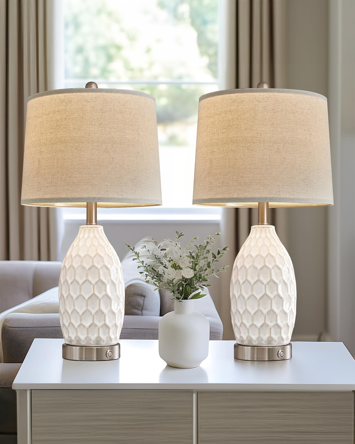Usumkky Lamps For Bedrooms Set Of 2, 3-Way Dimmable Ceramic Bedside Lamp With Usb Ports For Nightstand, Farmhouse Desk End Table Lamps Buffet Modern Touch Light For Living Room Home, 2 Bulbs Included