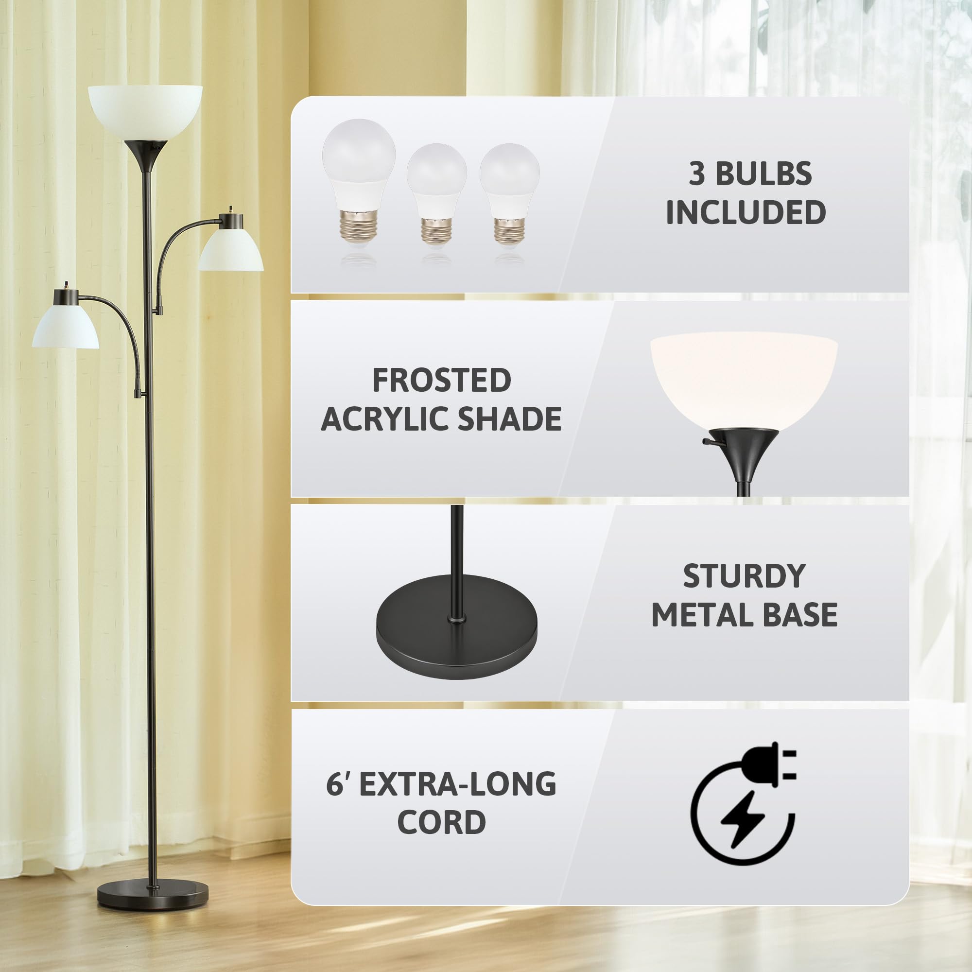 Vonluce 71'' Floor Lamp, Standing Lamp With Adjustable Reading Lights & 3 Bulbs, Modern Torchiere Floor Lamp With 3 Color Temper