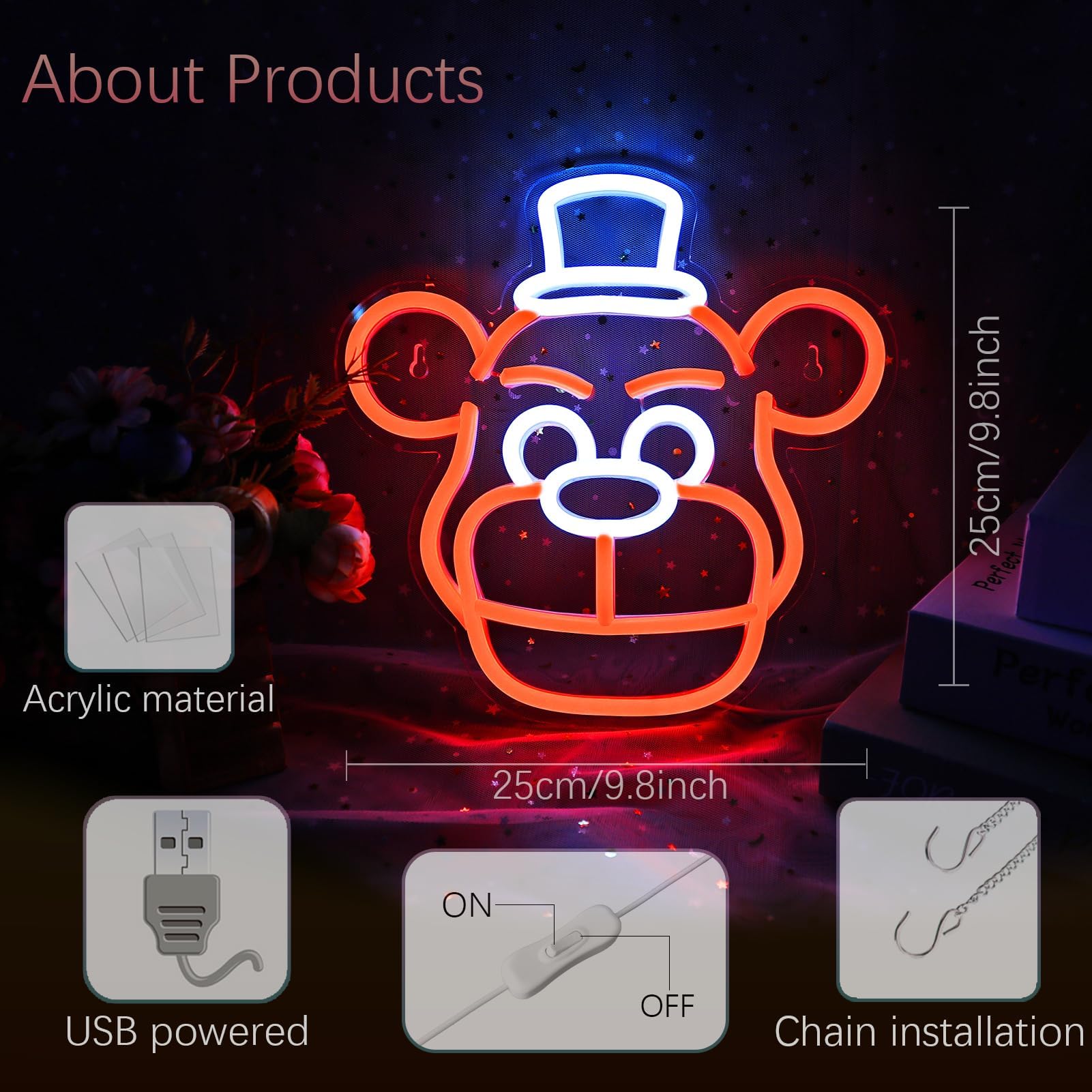 NAIYISI Neon Sign, Cute Five Nights Bear Light, USB Powered, Acrylic, 11.8inx11.8in, Orange Color for Bedroom and Childrens Room Decor