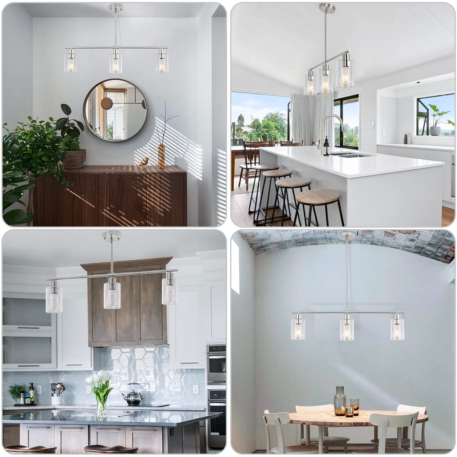 Mrhyswd 3 Lights Kitchen Island Lighting Brushed Nickel Pendant Light Fixtures With Glass Shade 31" Dining Room Chandeliers Adjustable Height Modern Linear Ceiling Hanging Light For Living Room, Foyer