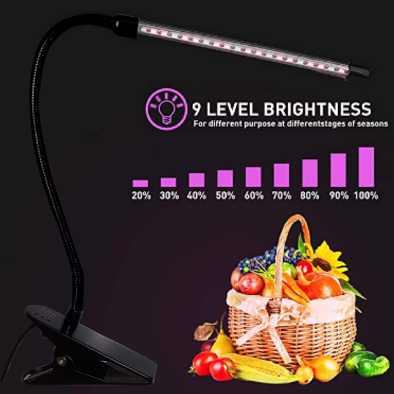 Otryad LED Grow Lights for Indoor Plants, Full Spectrum, 20 LEDs, 1-Head, Clip-On Desk Lamp with Timer and Dimmable Brightness