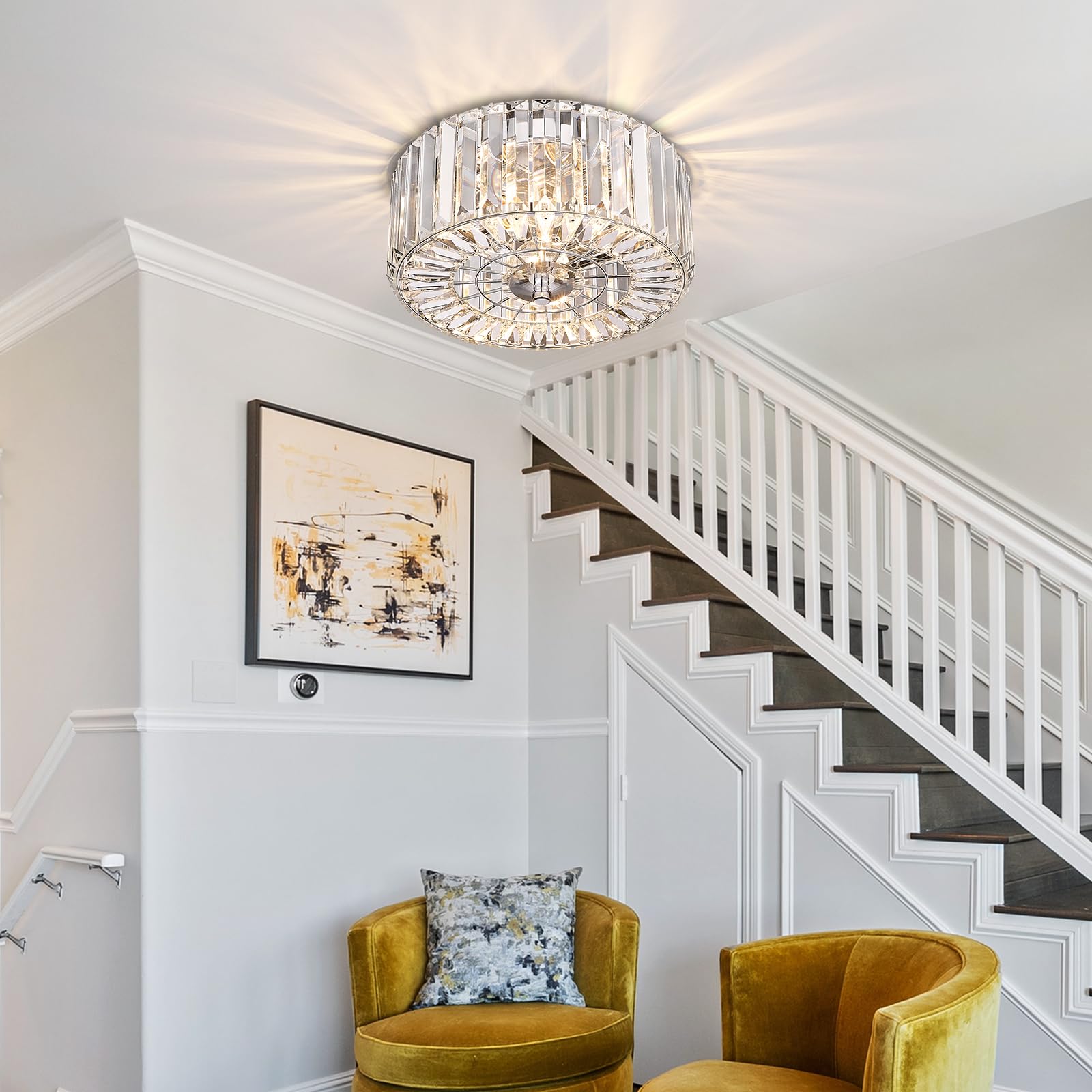 Pasentel Crystal Round Flush Mount Modern Close To Ceiling Light Fixture, Chrome Ceiling Lights 2-Light Hallway Light Fixtures C