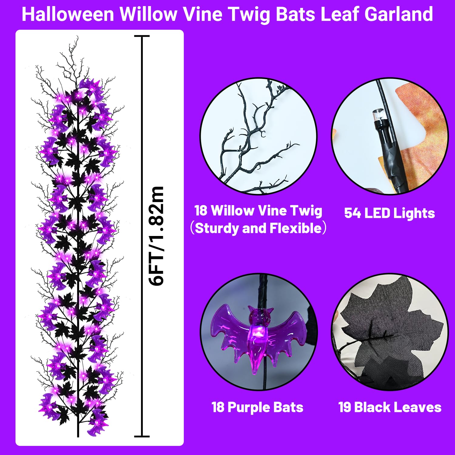 6Ft Halloween Willow Vine Lights Battery Operated Halloween Lights Purple Halloween Garland Decor with 18 Bats & 54 LED Bulbs, f