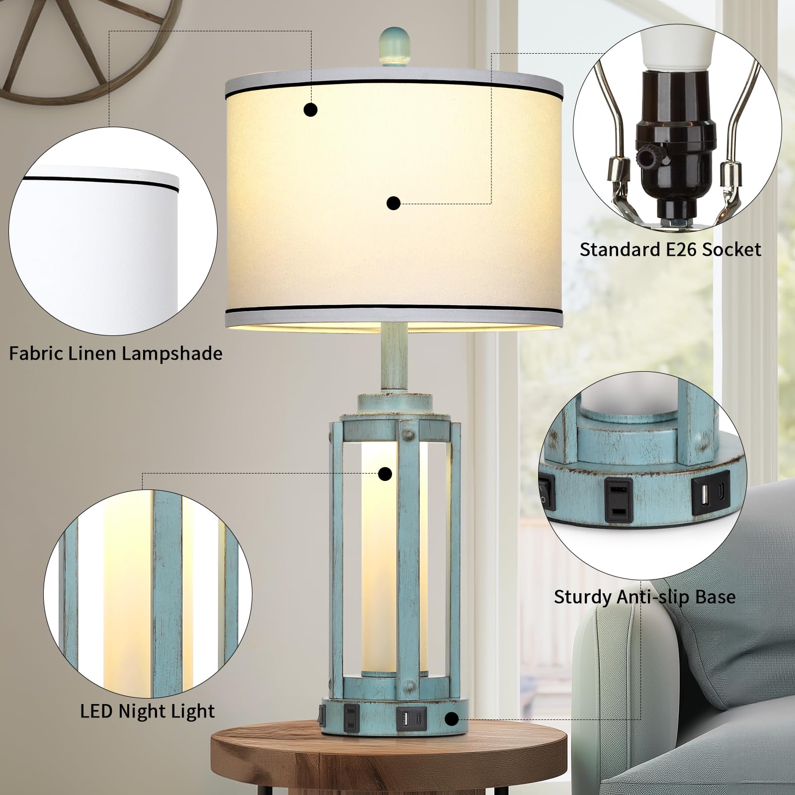 Farmhouse Lamps Set Of 2, 26'' Vintage Rustic Industrial Beside Lamps With Usb A+C Charging Ports & Ac Outlet, Nightstand Metal