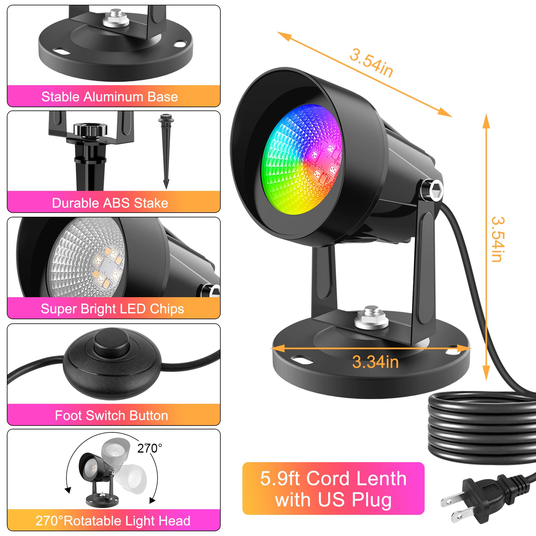 T-SUN RGBW Spotlights Set of 4 - App & Remote Control, Dimmable, Waterproof, Multicolor, Music Sync, Indoor Uplights for Home Decor