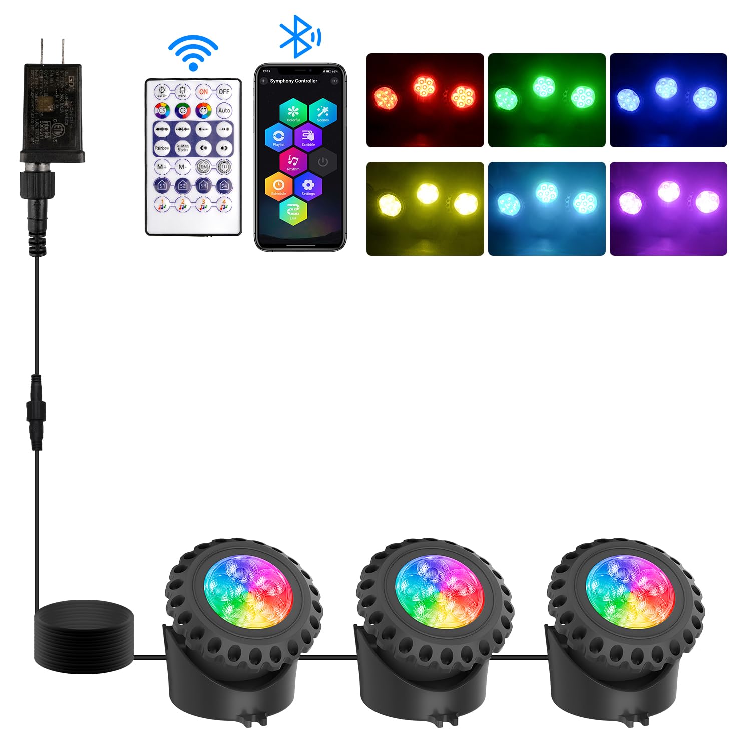 T-SUN LED Underwater Pond Lights, IP68 Waterproof, Bluetooth Control, Set of 3, Multicolor, Model TS-F2220-3H-RGB-DZ-BT-US