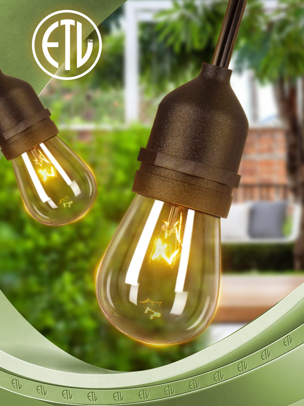 addlon 48FT Outdoor String Lights - 18 Vintage Edison Bulbs, Weatherproof, Black, ETL Listed, Heavy-Duty for Patio Garden Decor