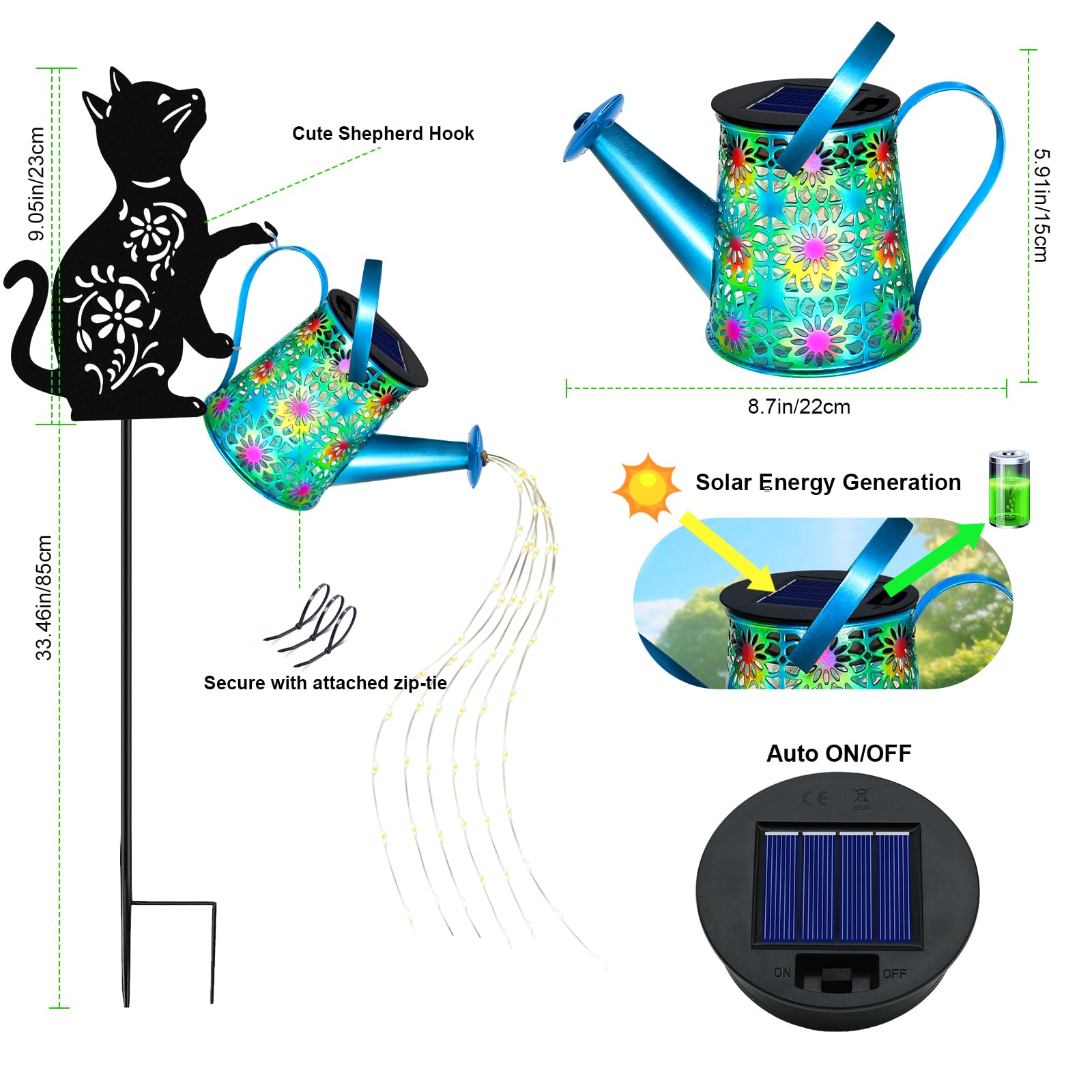 yulloyello Black Cat Solar Watering Can Lights, Blue Metal Lantern, Outdoor Waterproof Garden Decor, Model XSH6546