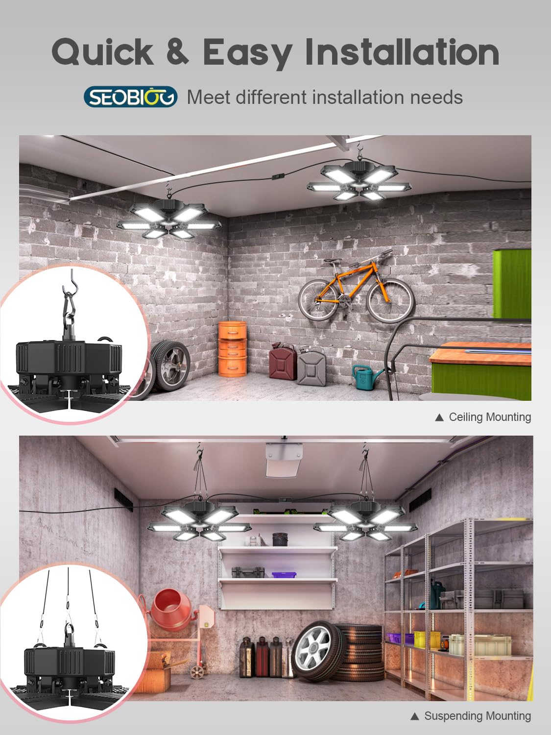 Seobiog 2 Pack Garage Light, 200W 20000Lm Led Ceiling Lights, 6500K, Deformable Panels, Black
