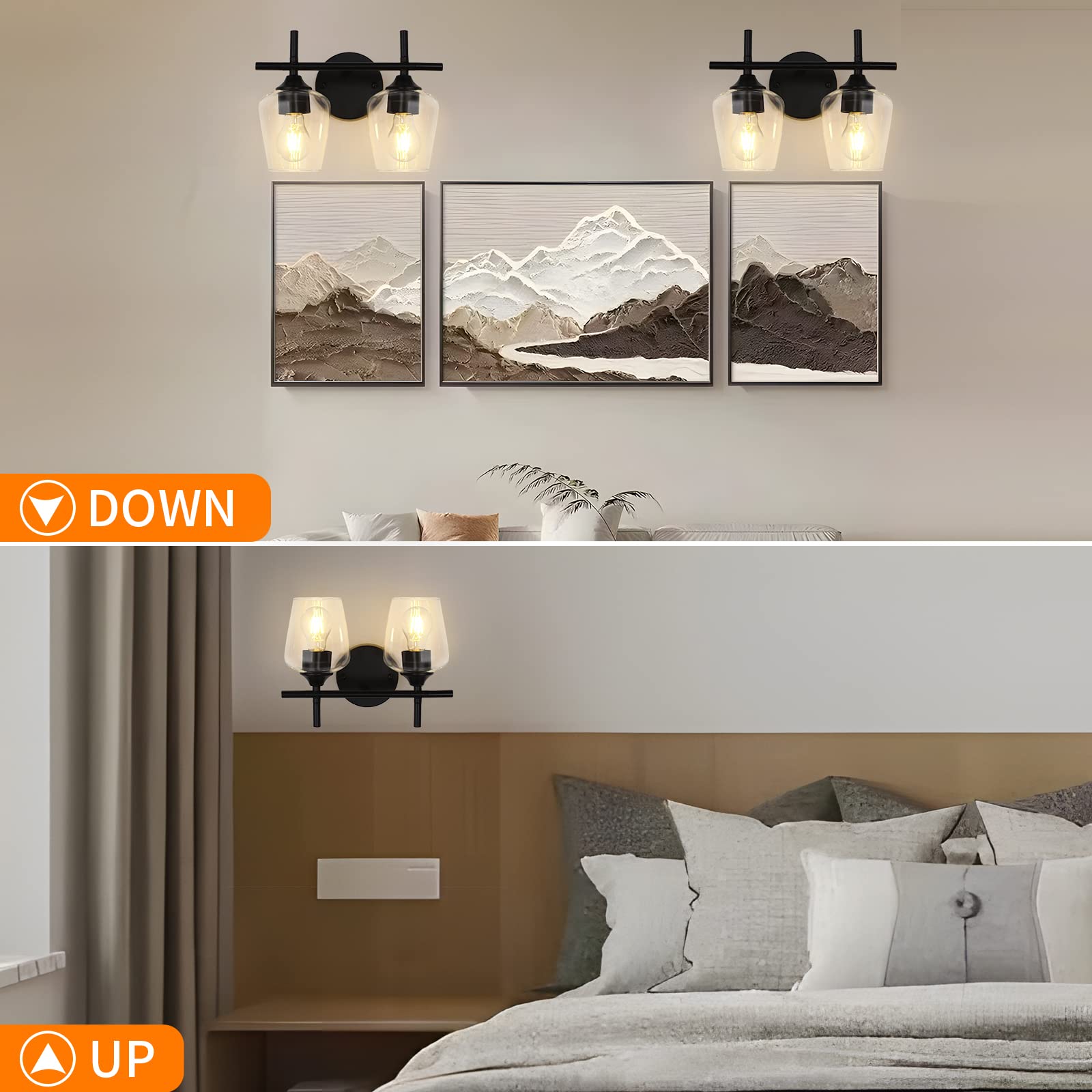 foucasal 2-Light Bathroom Vanity Light Fixtures, Black Industrial Wall Lights with Clear Glass Shade, Model ULB0046H-2HEI