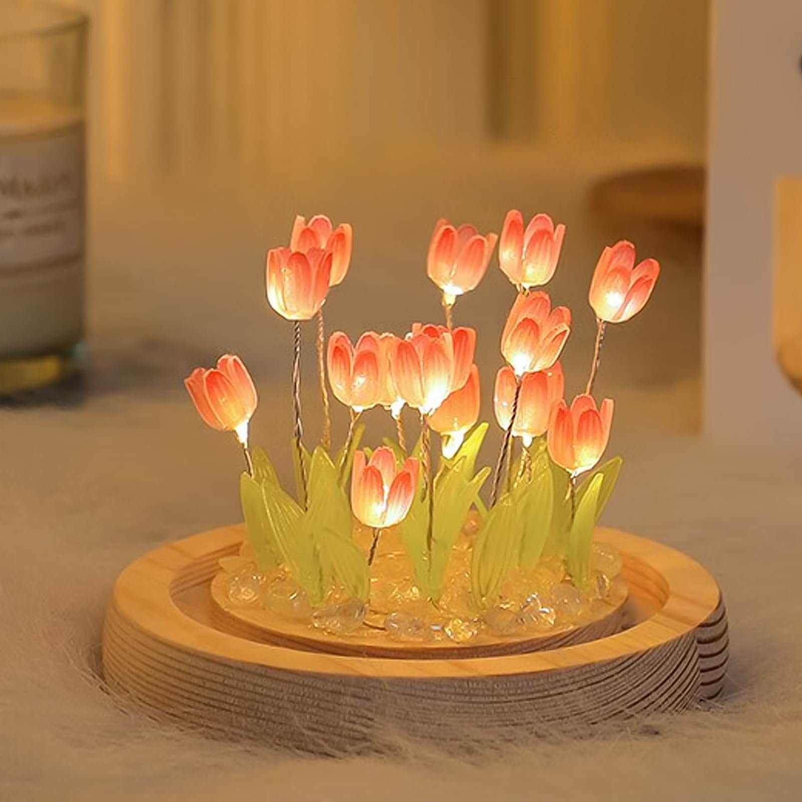 Onxe Birthday Flower Gifts For Mom,Tulips Night Light Small Glass Flower Lamp With Wooden Base For Home Decor Romantic Unique Ch