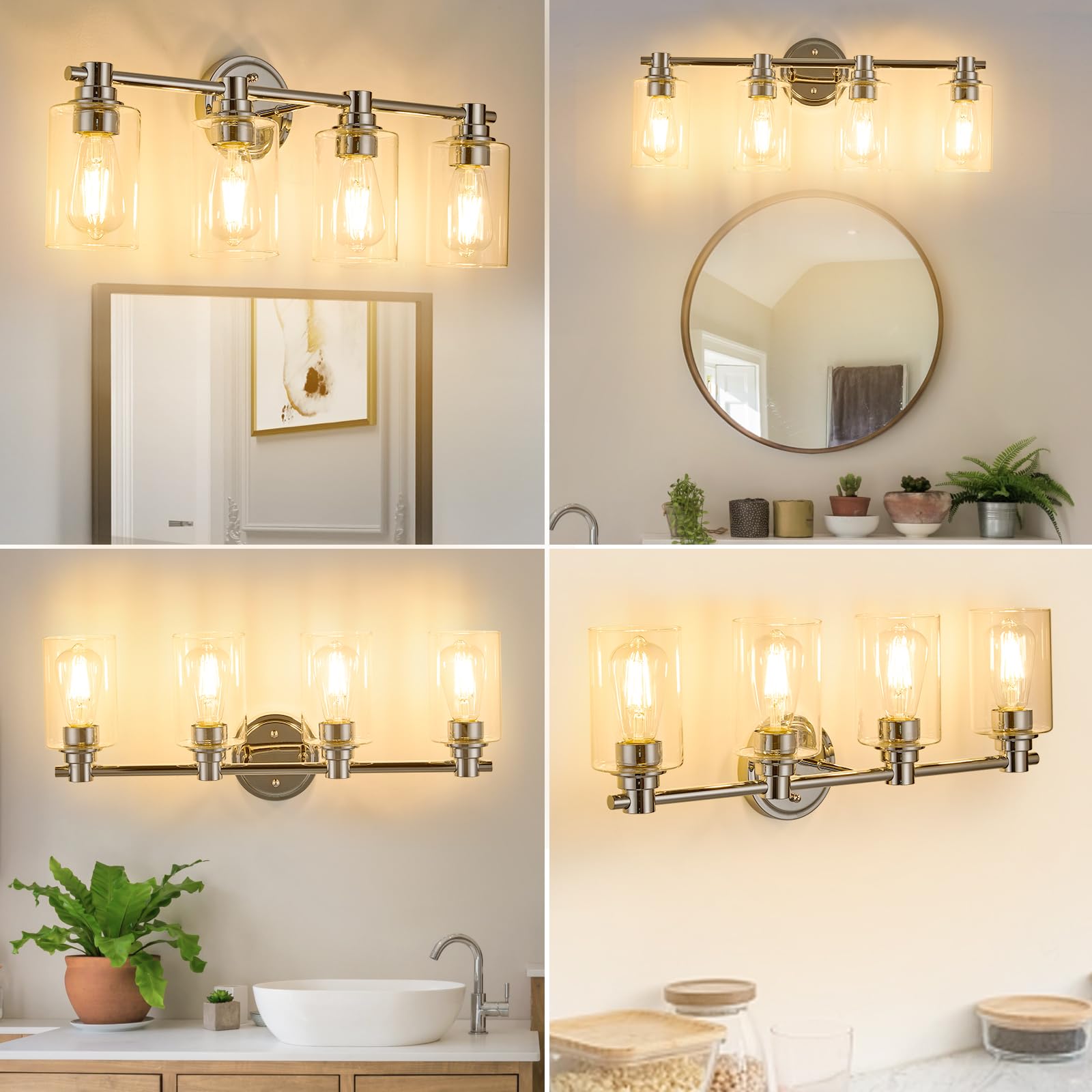 ALAISLYC Bathroom Light Fixtures - Chrome Wall Sconce with 4 Lights, Clear Glass for Vanity, Living Room, Bedroom, Restroom, Hallway