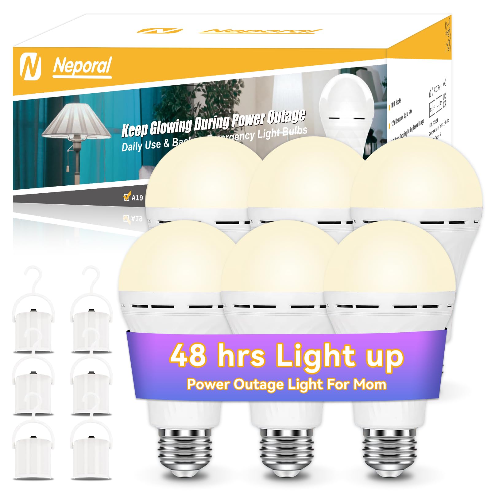 Neporal LITE Emergency Rechargeable Light Bulbs A19, Light Up to 48 hrs, Battery Operated Light Bulb, 5000K E26 LED Bulb, Emergency Lights for Home Power Failure (Soft White-6PK, 12, Watts)
