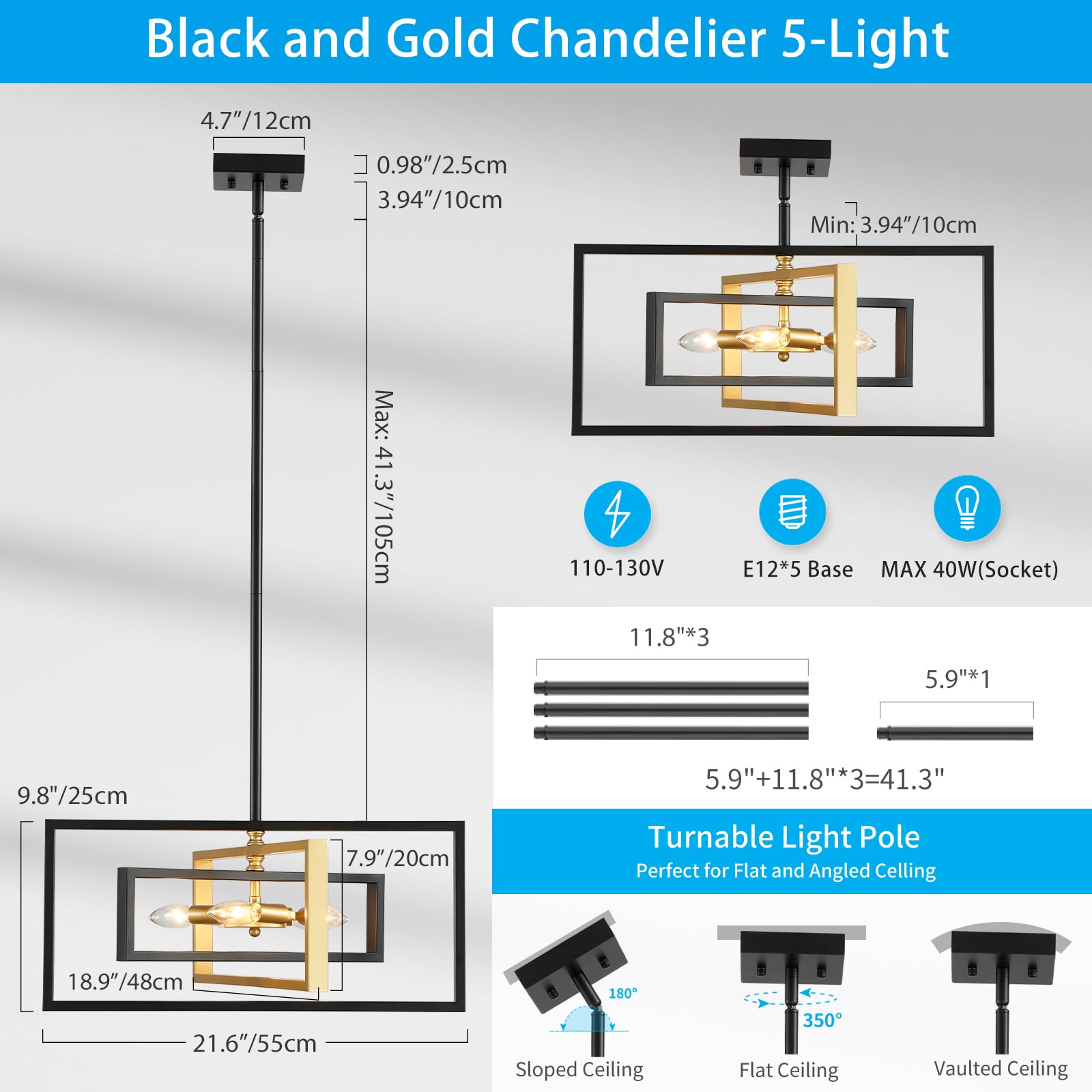 Xingqi Modern 5 Lights Chandelier Black And Gold Geometric Pendant Light Fixture 22'' Semi Flush Mount Ceiling Lights For Dining