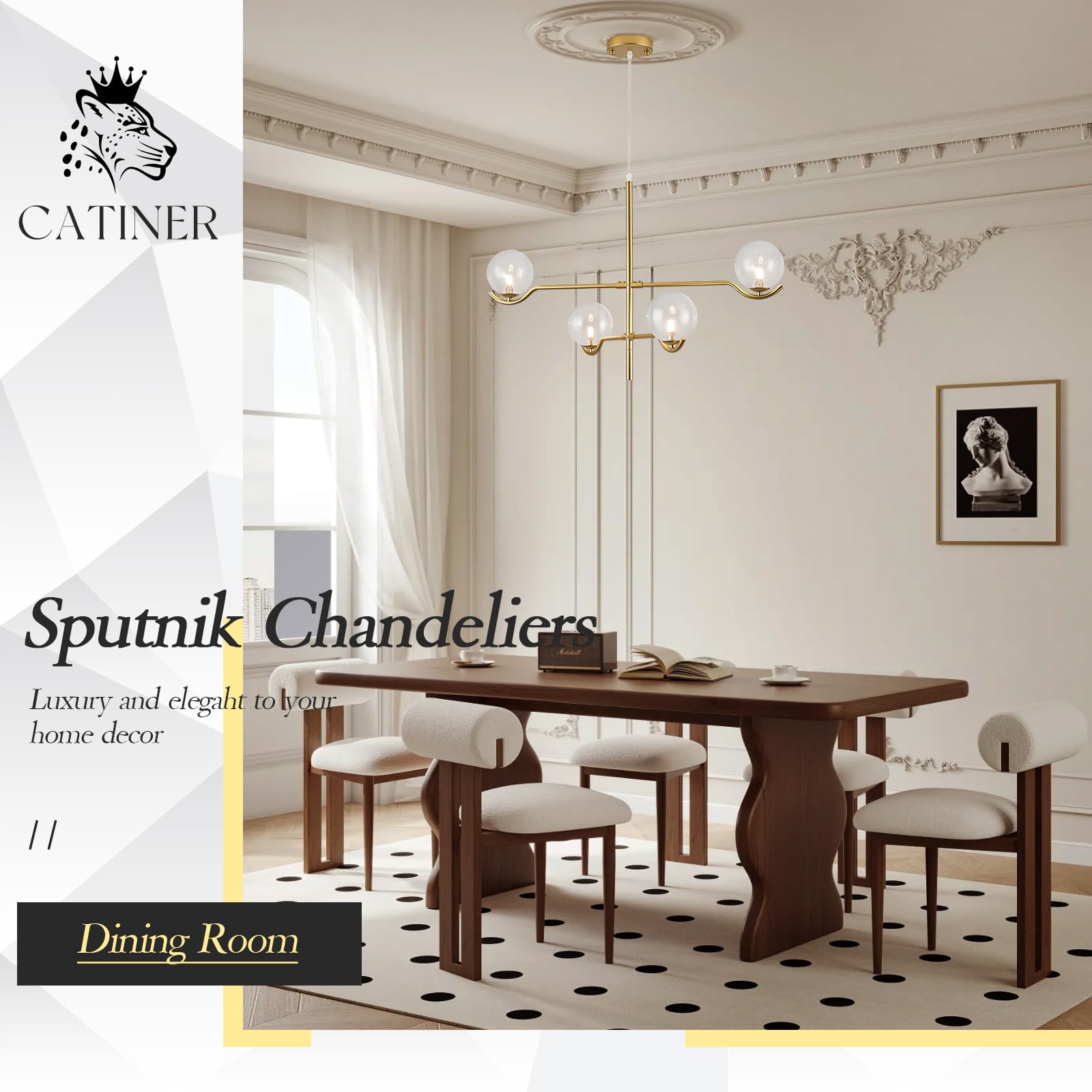 Catiner 4 Lights Gold Sputnik Chandelier, Modern Large L31 '' Mid Century Long Ceiling Pendant Light Fixtures With Clear Glass G