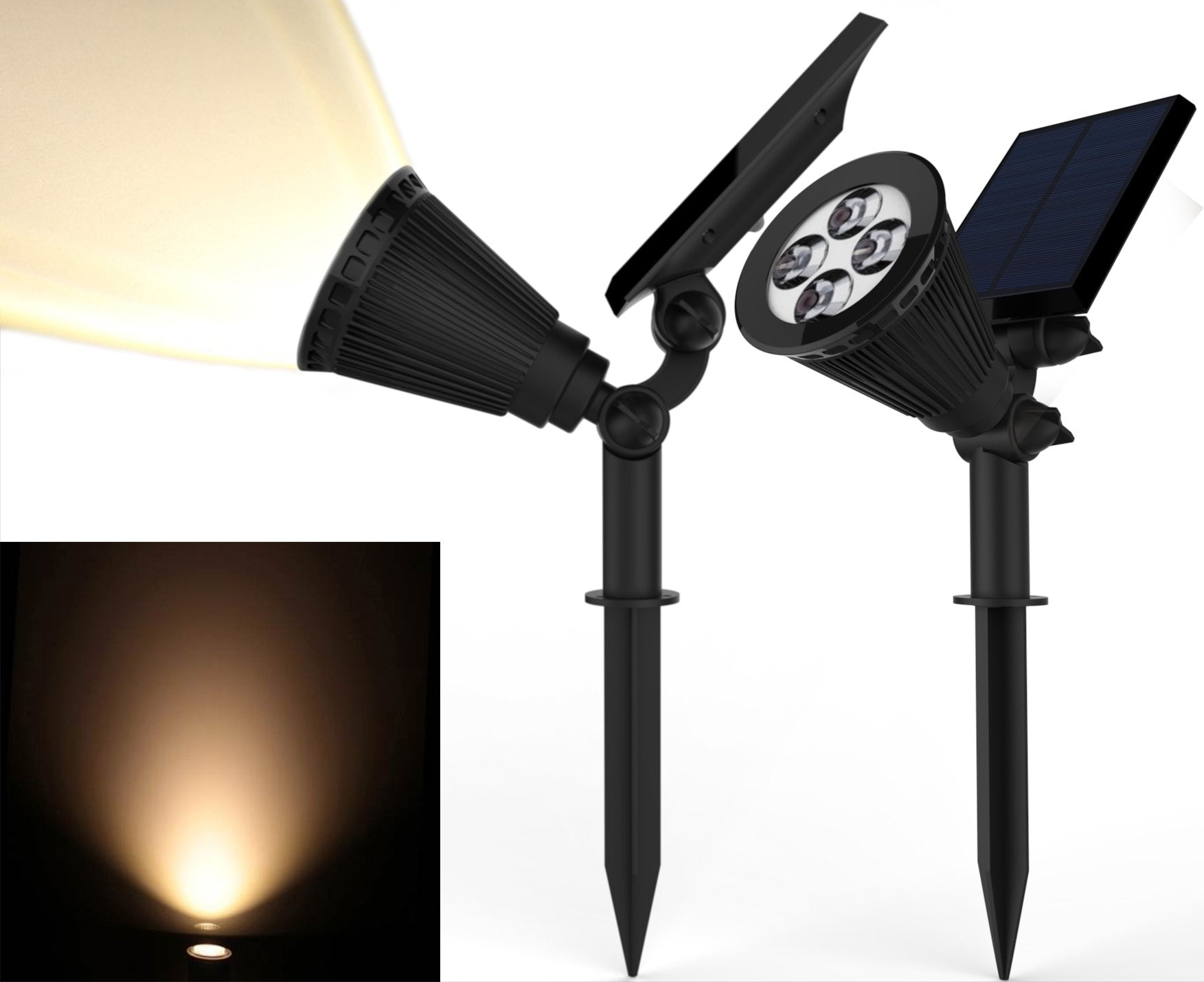 Magictec Solar Spotlights - 2-in-1 Adjustable 4 LED Lights with Auto On/Off Sensor, Warm White, Model DT-34661, 2 Pack