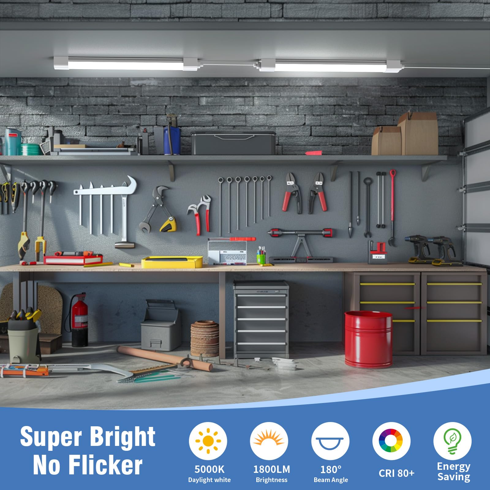 Airand LED Ceiling Light, 16W Plug-in 1.43FT Silver Tube Light, Linkable with NO/Off Switch for Garage, Kitchen, Office