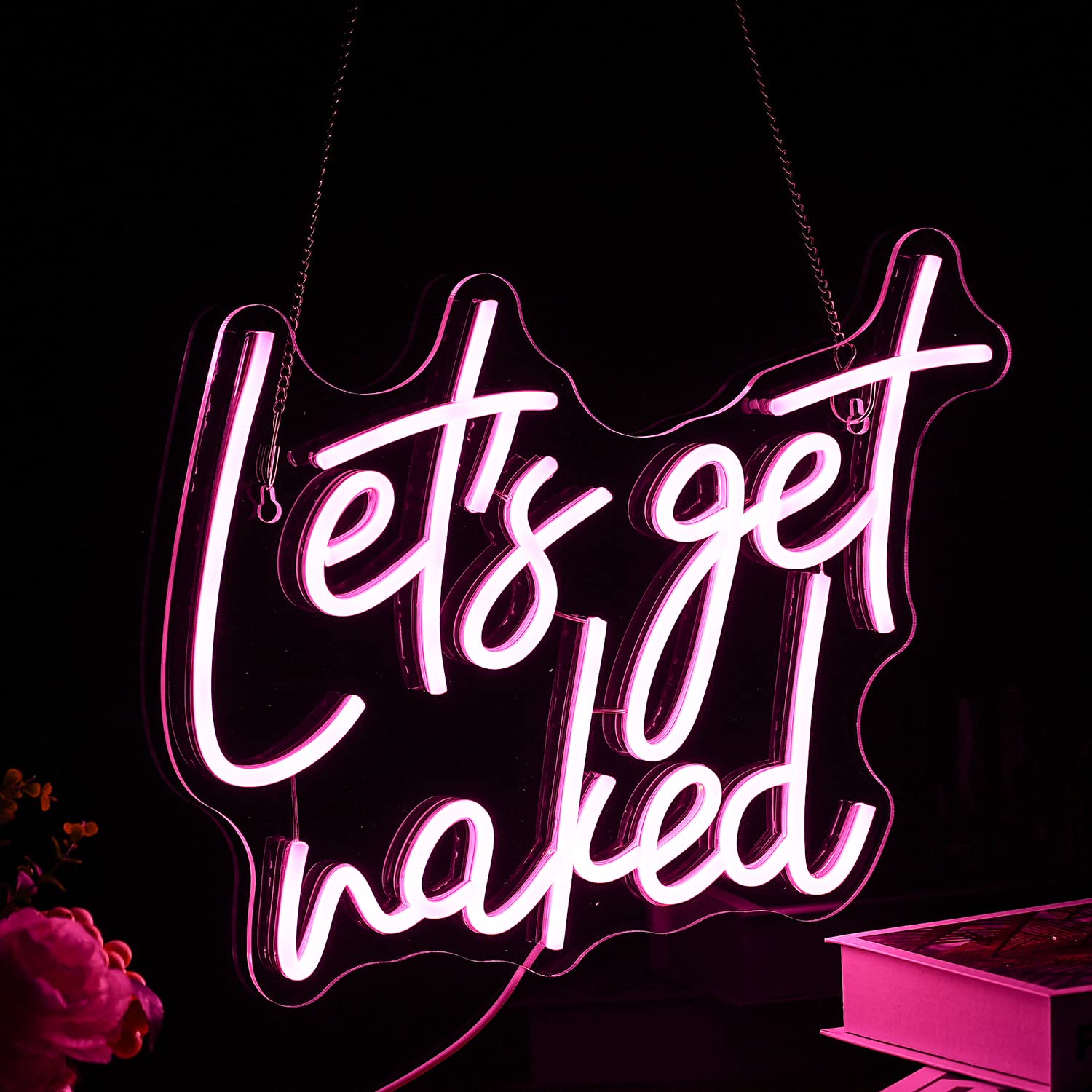 Alkkign Neon Sign Dimmable Pink LED Wall Light for Bedroom Decor, 15.7inx11.8in, Model: LETS GET NSKED
