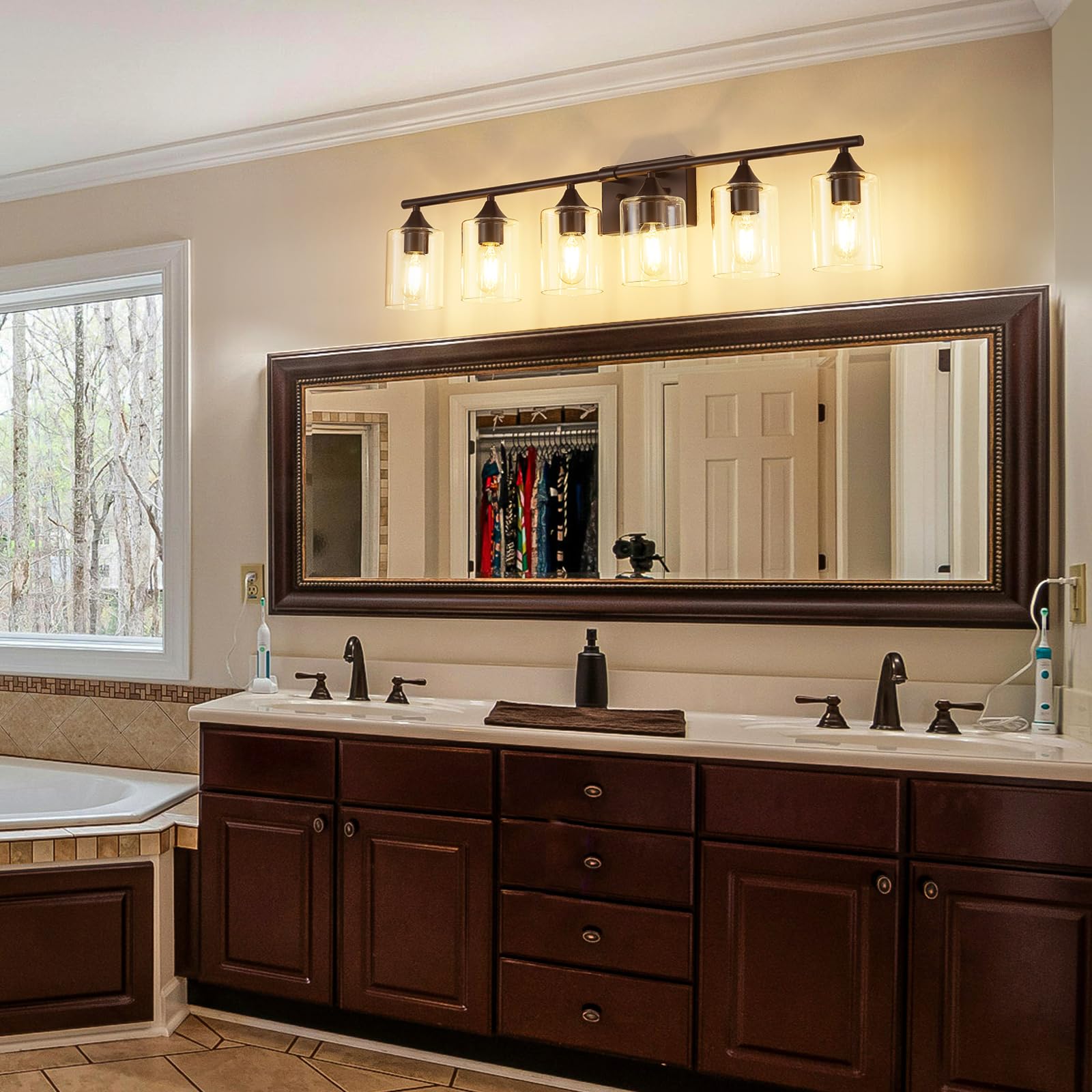 Xpehk Bathroom Vanity Light Fixtures,6-Light Matte Black Bathroom Light,Bathroom Lighting Fixtures Over Mirror With Clear Glass