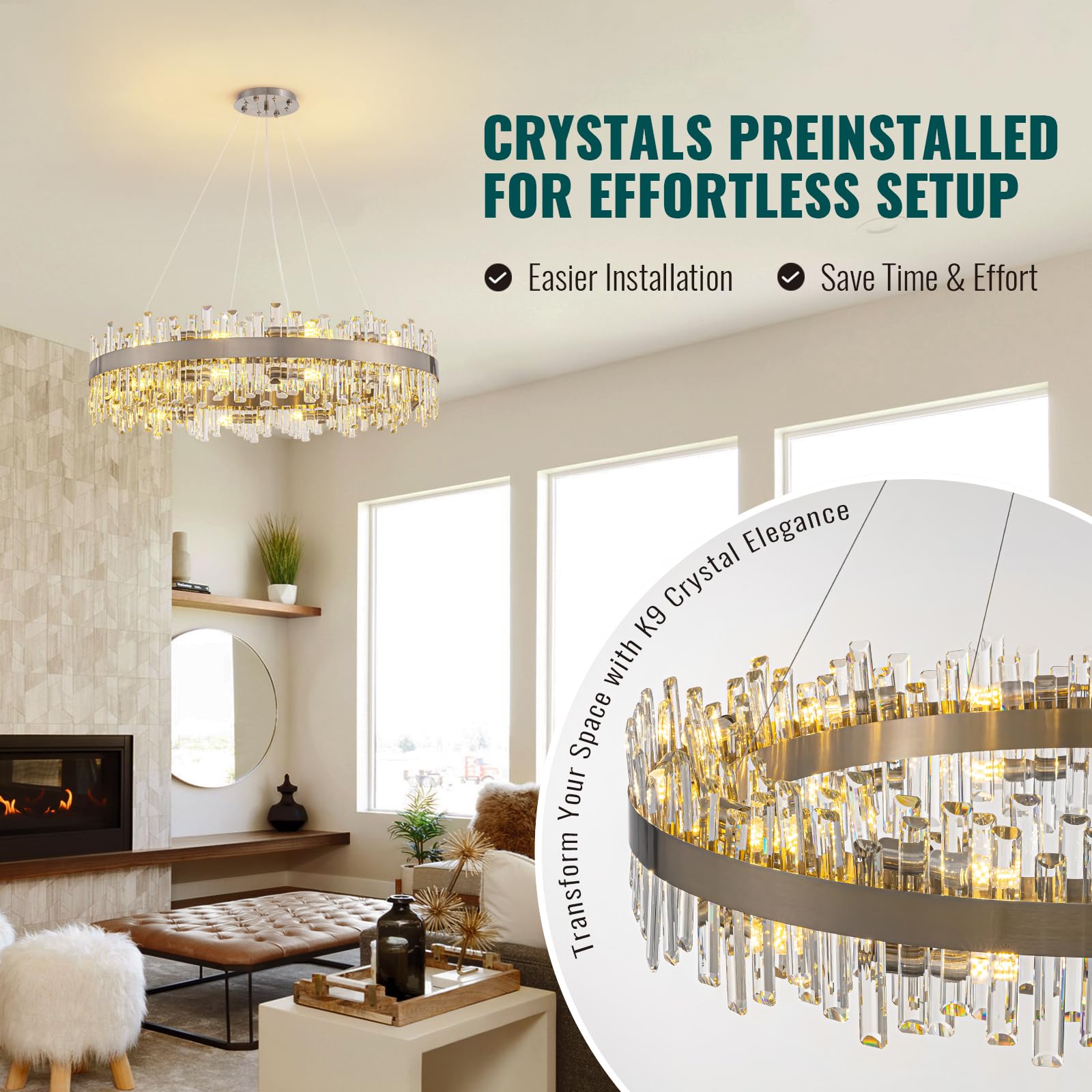 Siljoy Modern Crystal Chandelier - 39.4'' Nickel 2-Tier Flush Mount Pendant Light for Living Room, Dining Room, Foyer - Model HLP12510NQG