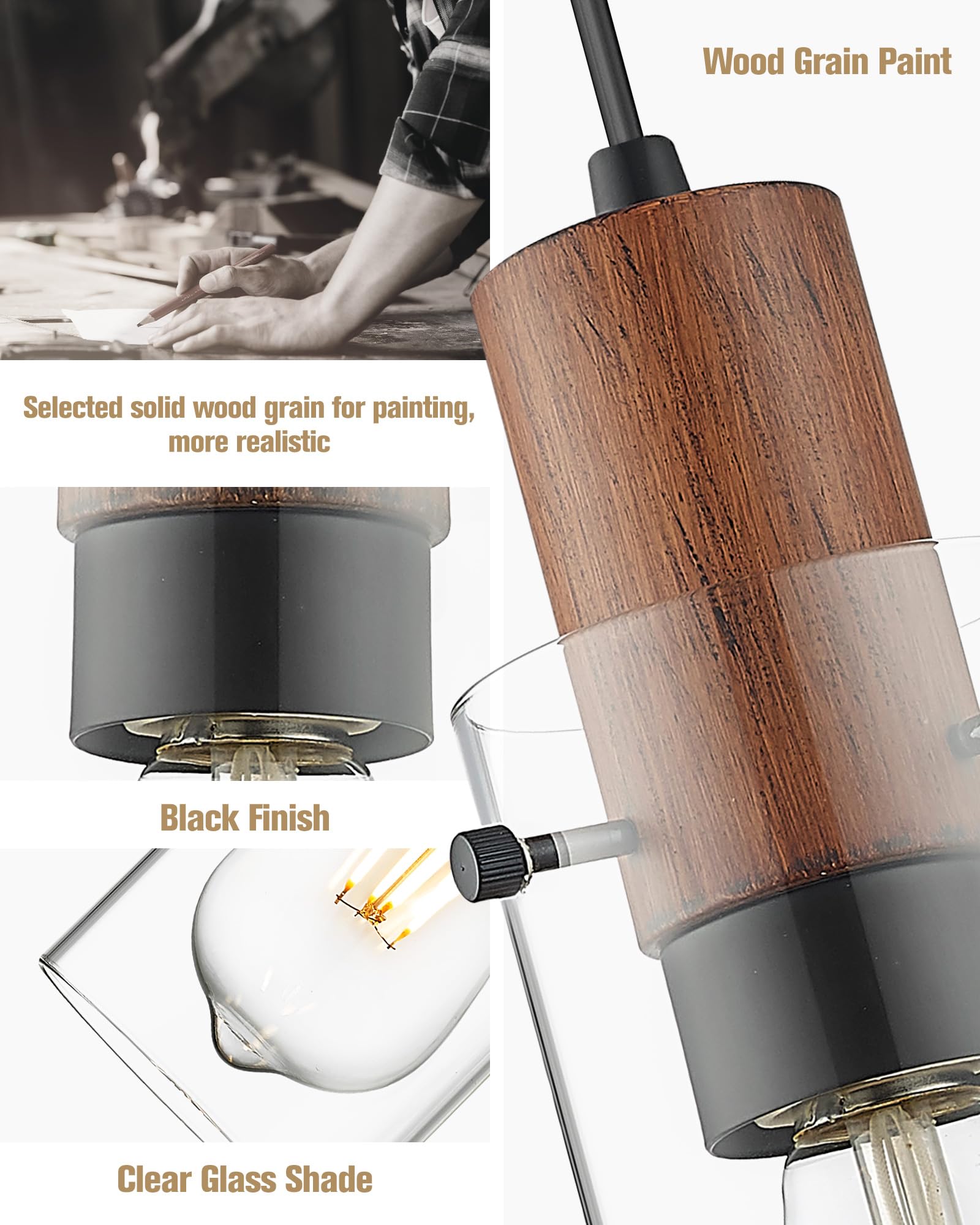 Emak 3 Pack Mini Pendant Lights Kitchen Island, Black Pendant Light With Clear Glass Shade, Wood Grain Painted, Modern Farmhouse