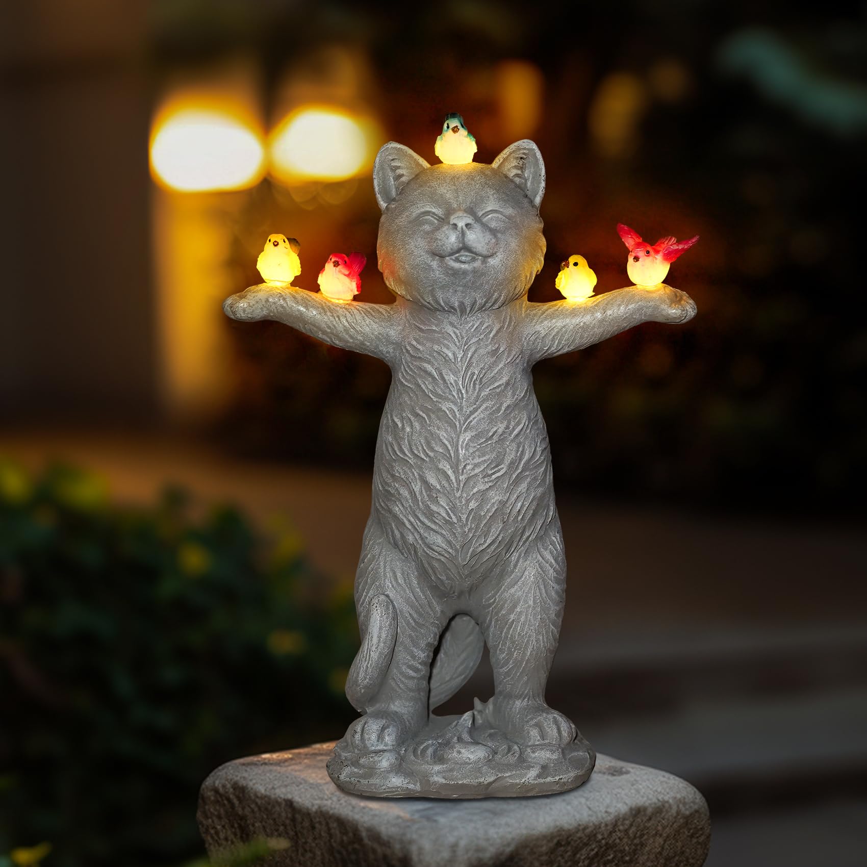 Mininova Solar Outdoor Decorations Garden Statue Cat Figurines With Birds For Yard Patio Balcony Lawn Outside Ornaments Gifts Fo