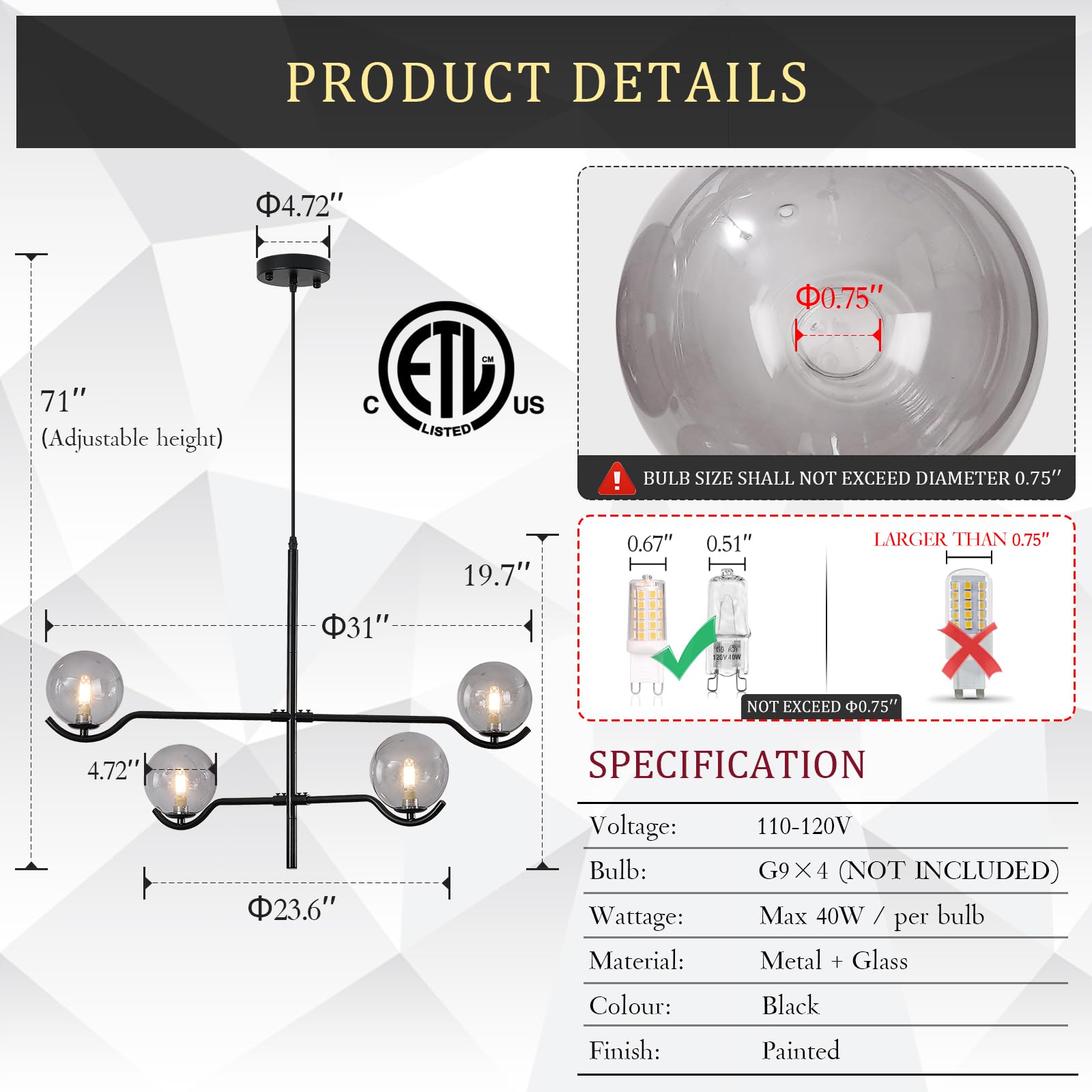 Catiner Modern Black Sputnik Chandelier, Large 4 Lights L31 '' Mid Century Long Ceiling Pendant Light With Smoke Gray Glass Glob