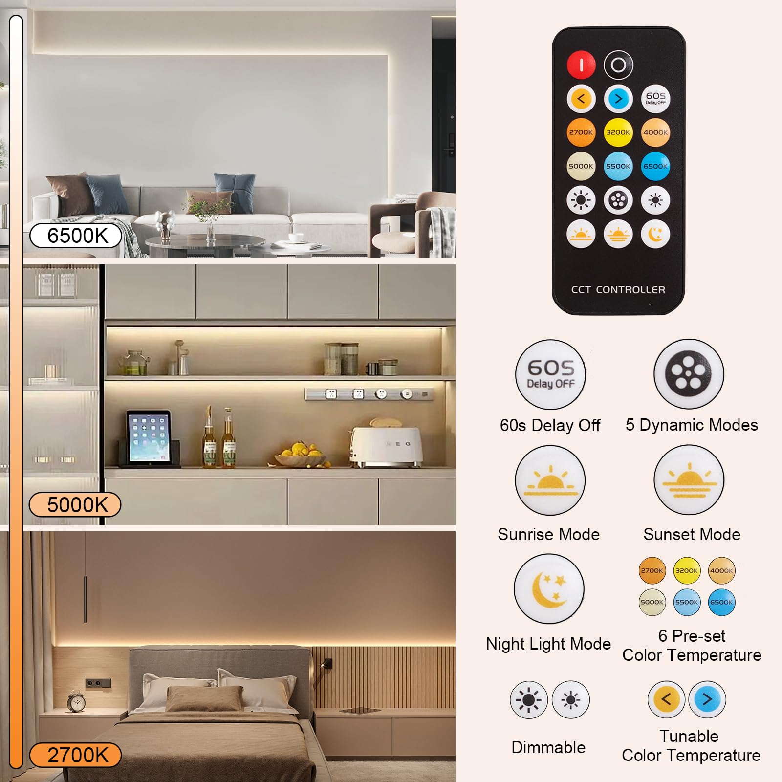 Qenlai 66Ft Led Strip Lights, 2700K-6500K Tunable White Led Light Strip With Remote And Plug, 12V 2400 Leds Dimmable Cuttable Le