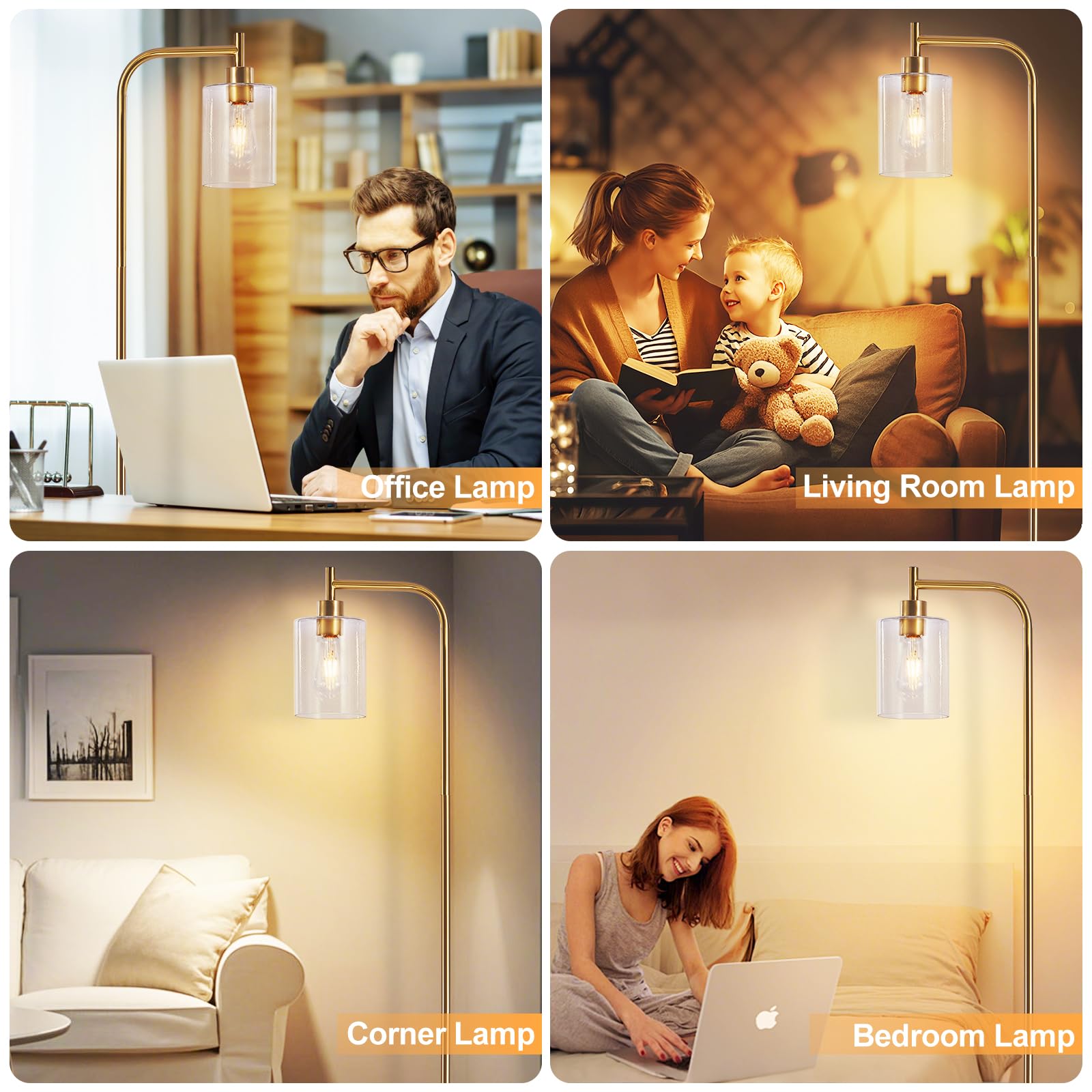 DINGLILIGHTING Floor Lamp - Gold Metal with Seeded Glass Shade, Modern Design, Includes 8W LED Bulb, Model WSFLL005-G-3