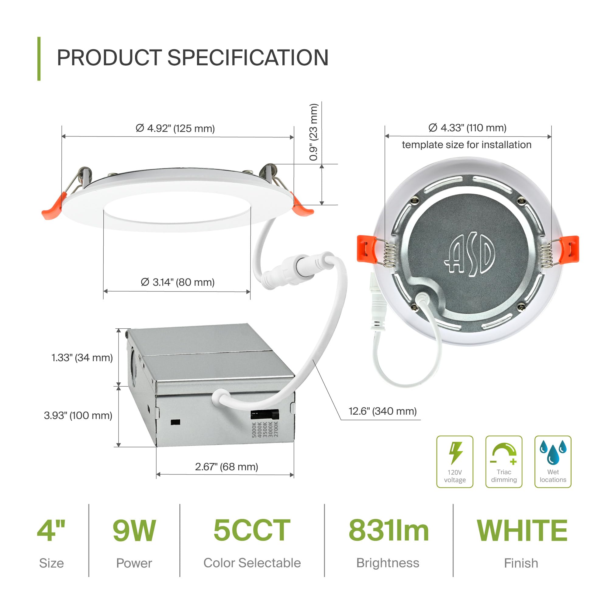 Asd 6 Pack Led Recessed Lighting 4 Inch 9W  5 Cct 2700K-5000K Cri90+  Ic Rated Ultra Thin Dimmable Ceiling Lights With J Box  Canless Wafer Downlight  Round Slim Panel Light  Energy Star Etl  White