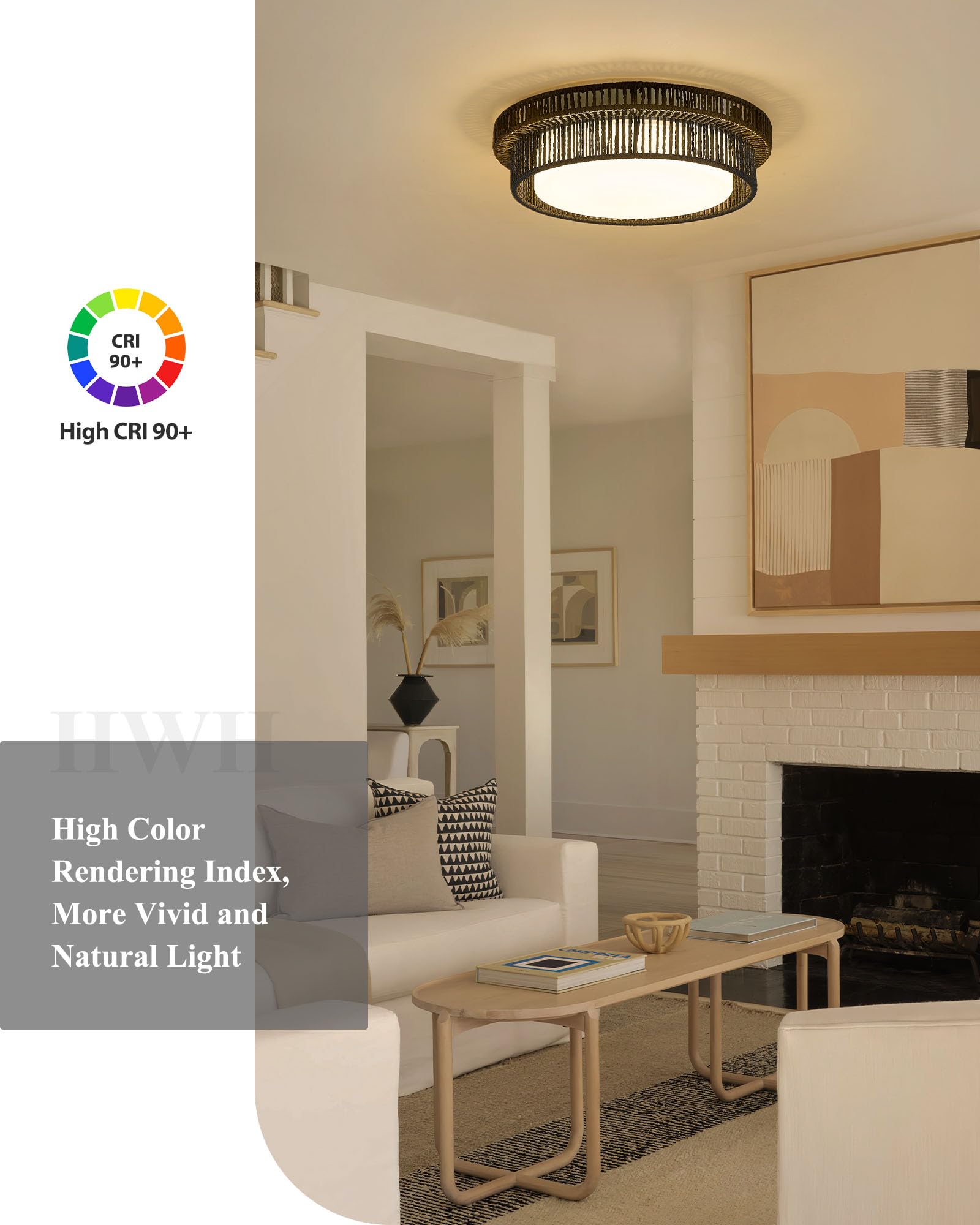 HWH INVESTMENT Black Rattan Ceiling Light, 24W LED Flush Mount, 15.7 Inch, Model 5HYS78MF-LED BK, Boho Twine Coastal Lighting