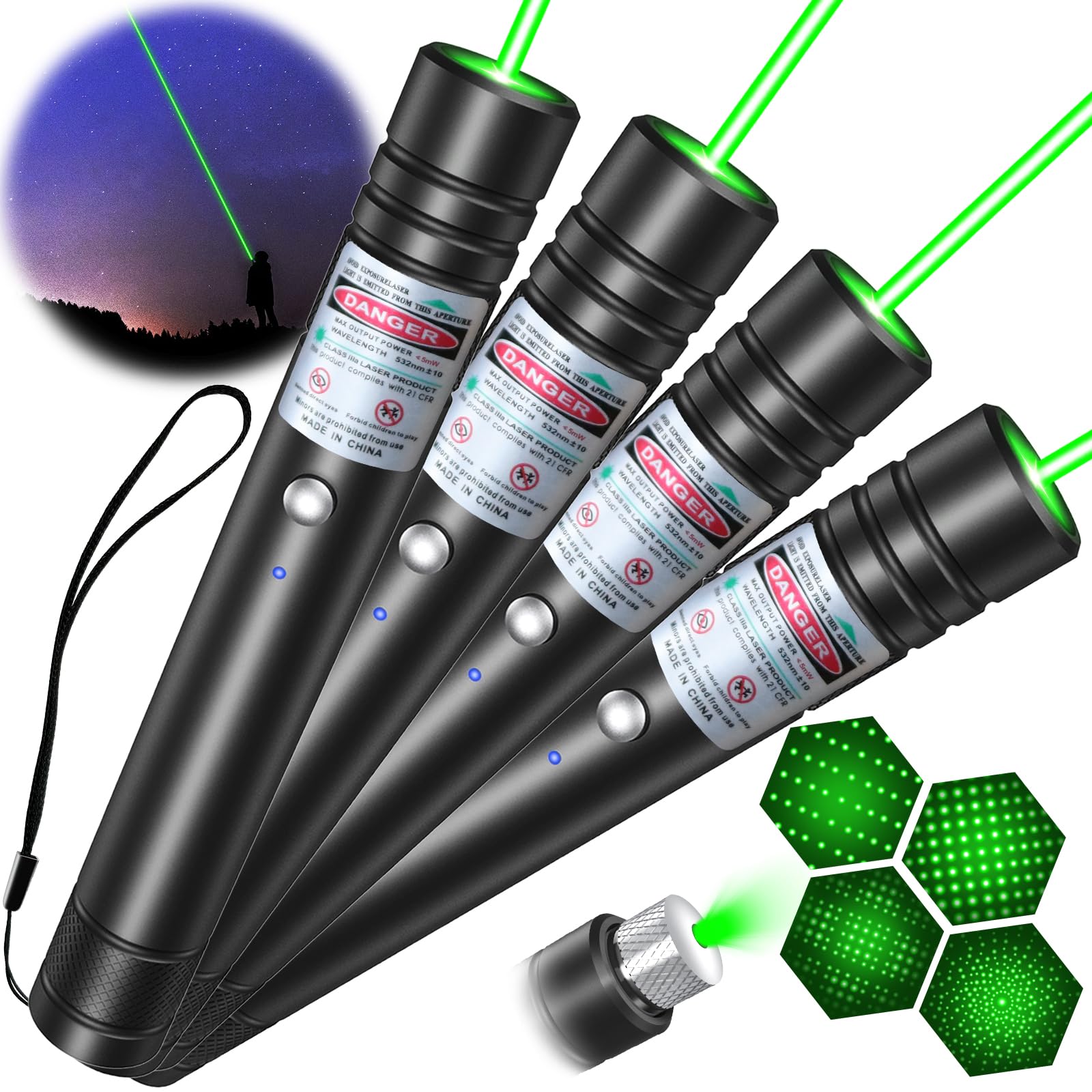 [4 Packs] LETEAPII Green Beam Light Flashlight Long Range, USB Rechargeable Tactical Flashlights with Star Cap Adjustable for TV