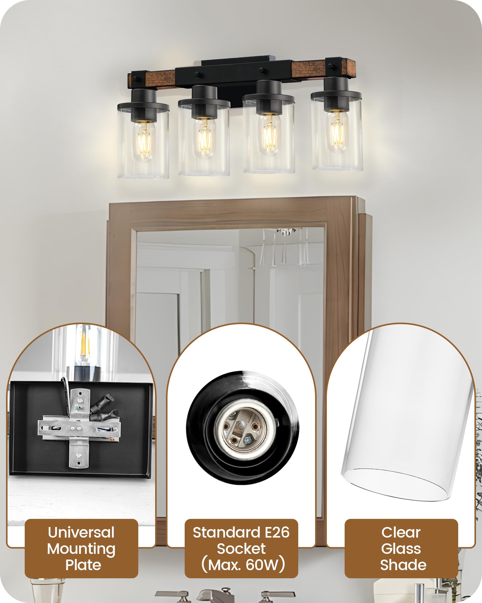 Goebleson 4-Light Rustic Bathroom Light Fixture, Farmhouse Vanity Lights With Glass Shade