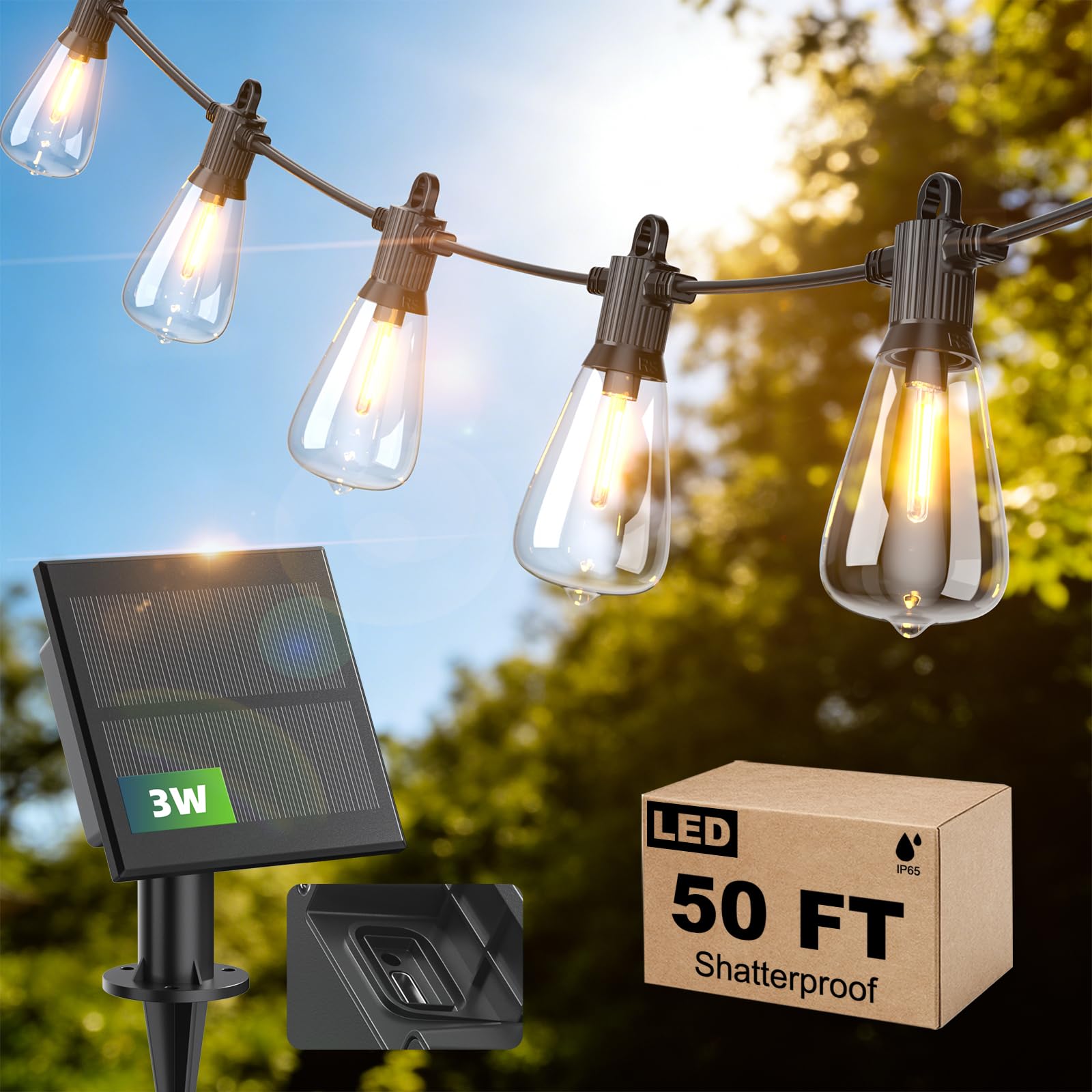 50FT Solar String Lights Outdoor Waterproof IP65 with USB-Charging , Solar Powered LED Patio Lights with 25+2 Shatterproof ST38 