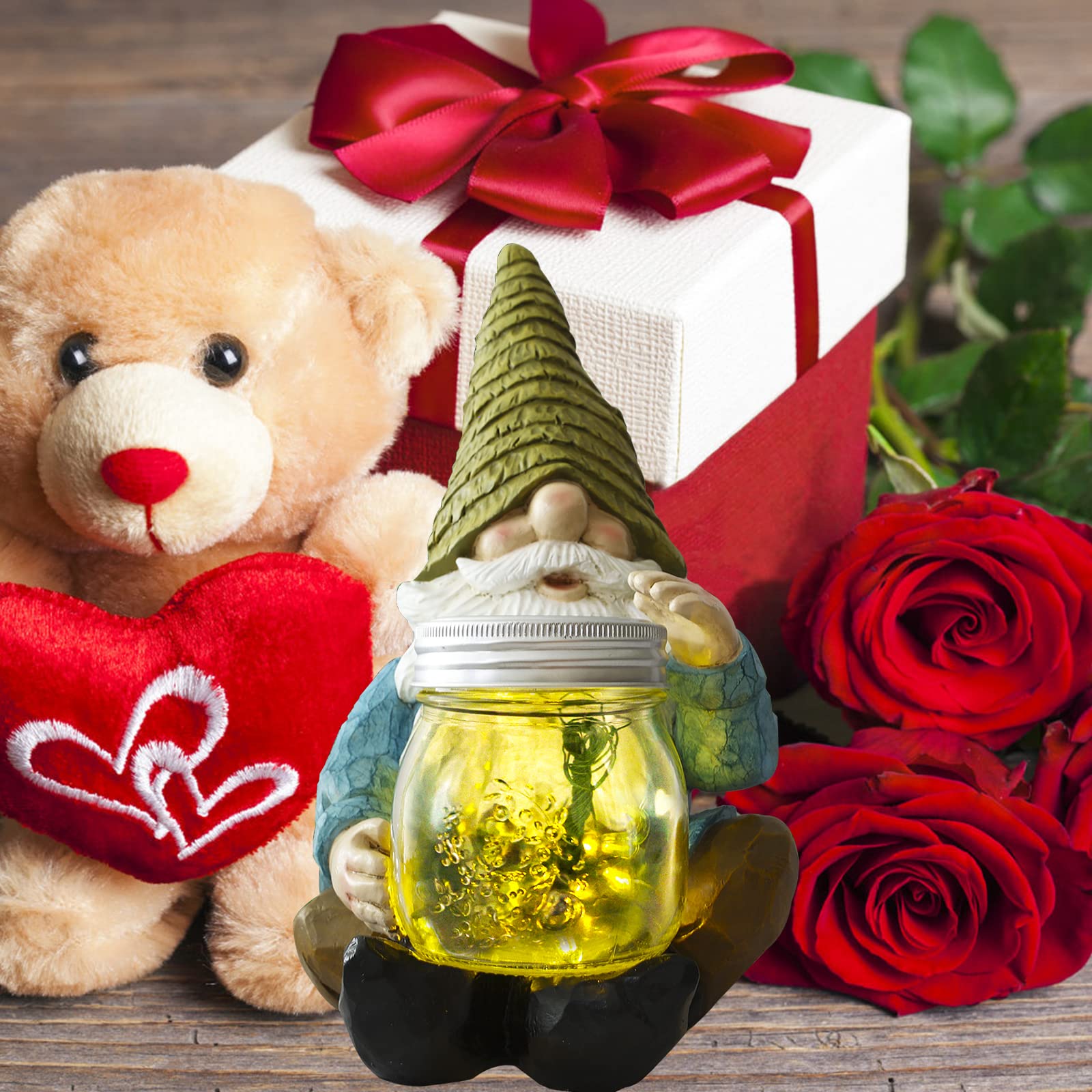 Vcdsoy Solar Firefly Jar Gnome Waterproof -Solar Outdoor Led Lights Resin Garden Gnome Statues Decor 10.6'' Lantern Figurines De