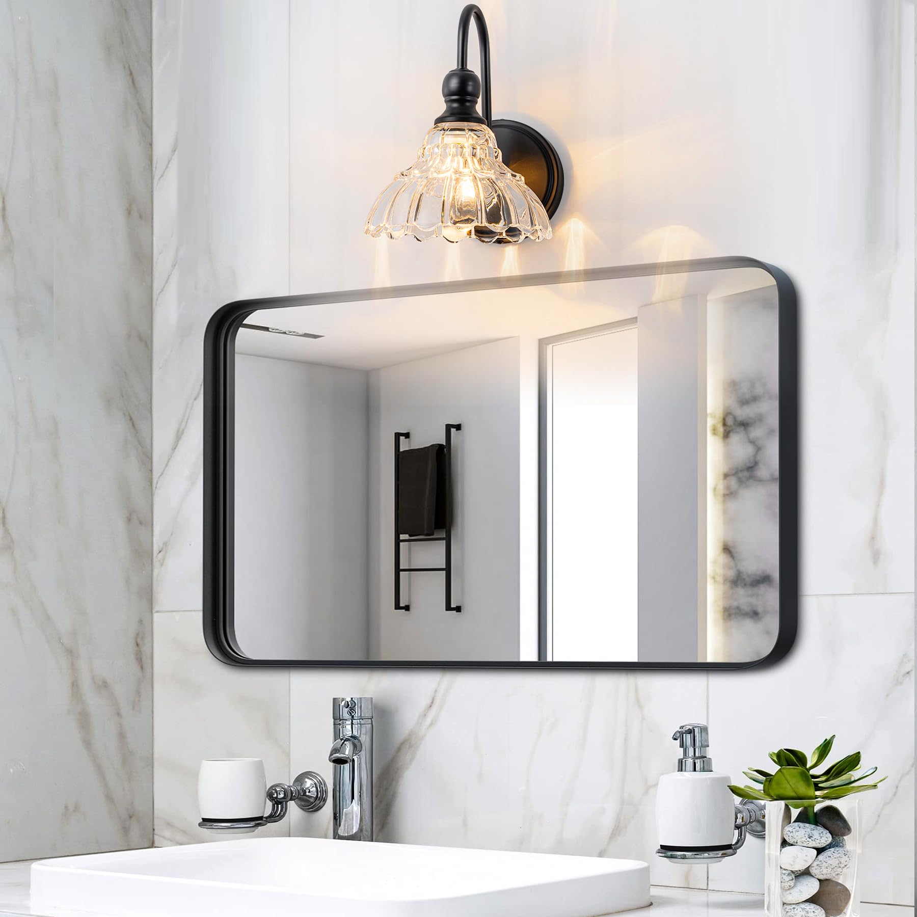 BrkNit 1-Light Black Wall Sconce - Vintage Bathroom Light Fixture with Flower Glass Shade, Stainless Steel, Model J0063-4