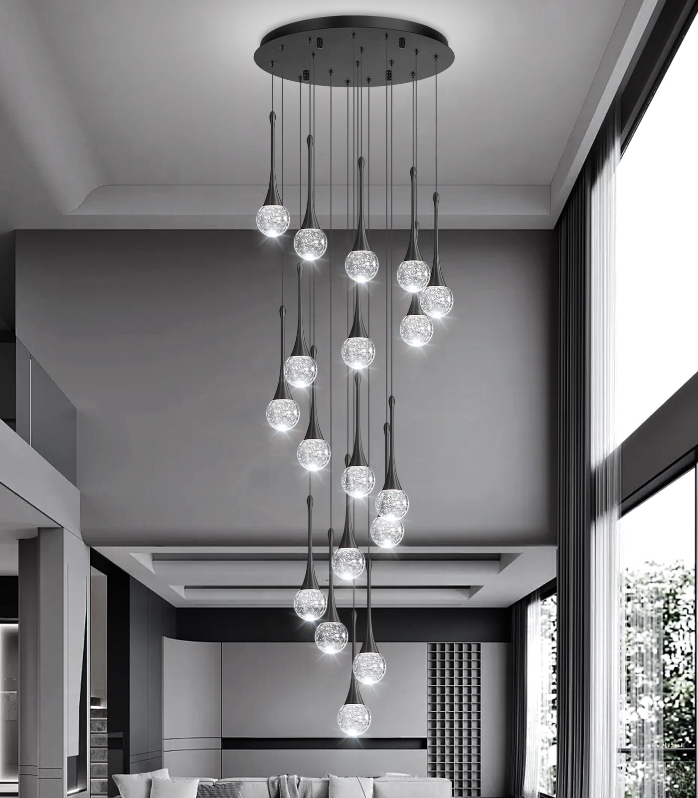 Cenozo 18-Light Modern Crystal Chandelier, LED Dimmable, Antique Black, Metal, Model RS2037-18B, Ideal for High Ceilings and Living Rooms