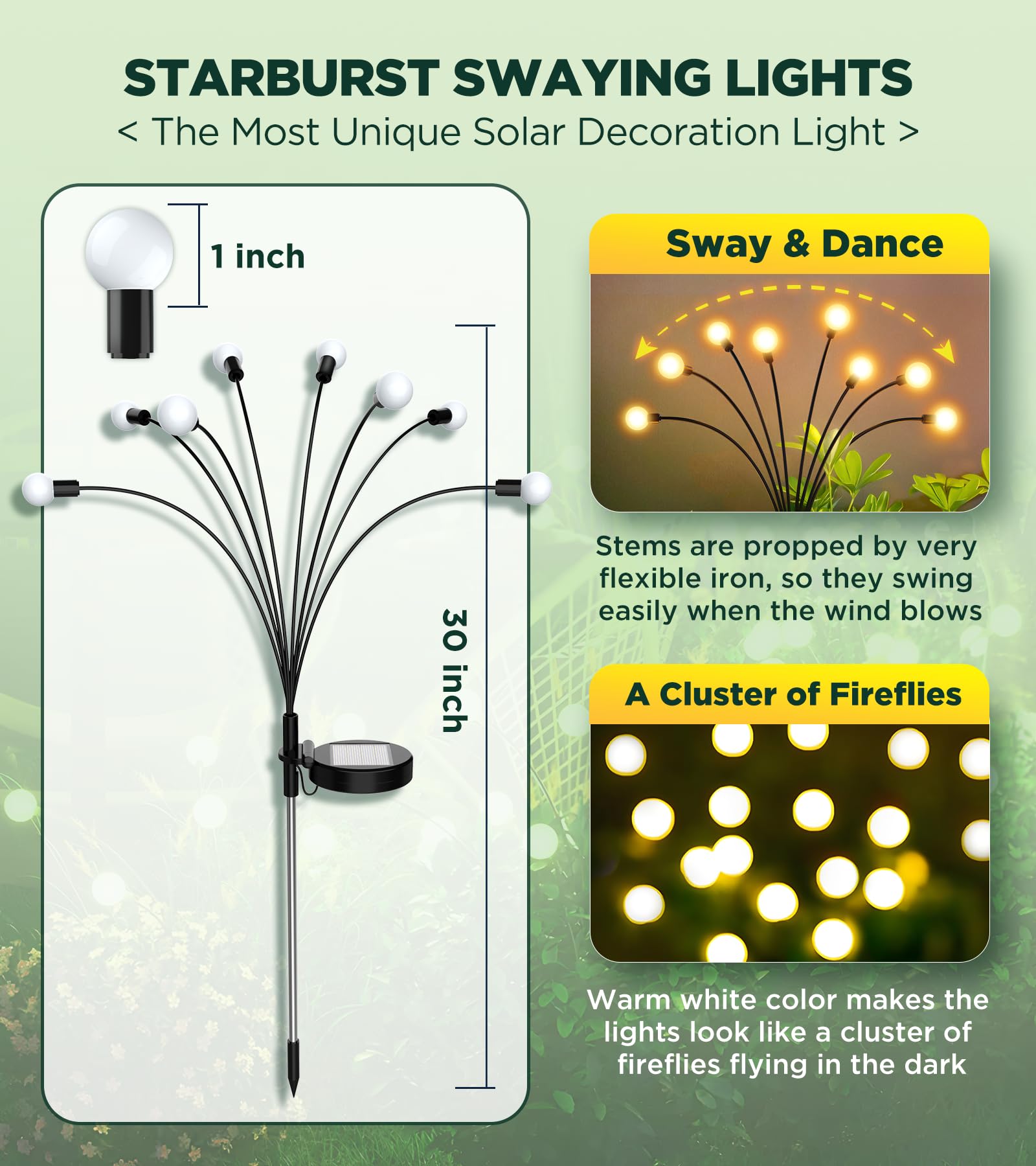 ULAIYO Solar Garden Lights, 8 LED Waterproof Firefly Lights, Warm White, 6 Pack, Model ULAIYO6, Flexible Starburst Design