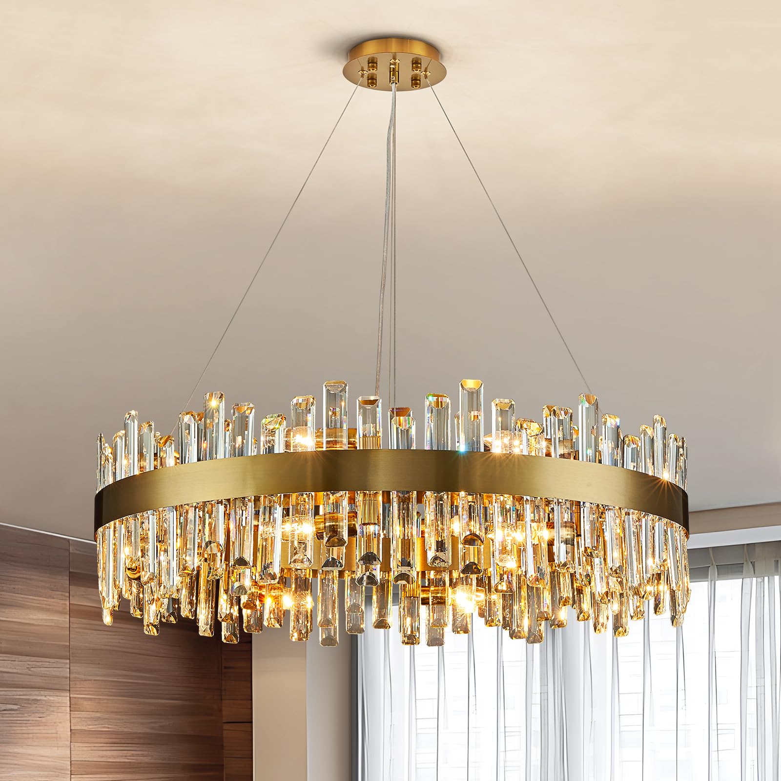 Siljoy Modern Crystal Chandelier 16 Lights Brass Gold Round D31.5in  Clear K9 Crystal Semi Flush Mount for Dining Living Room Bedroom