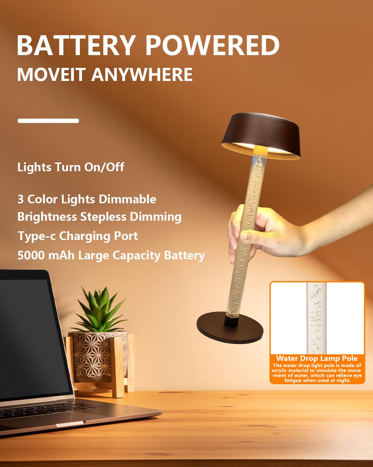 Snotme Cordless Table Lamps Set of 2, Gold Brown, Metal, 5000mAh Battery, 3 Color Stepless Dimming, Model SD-89
