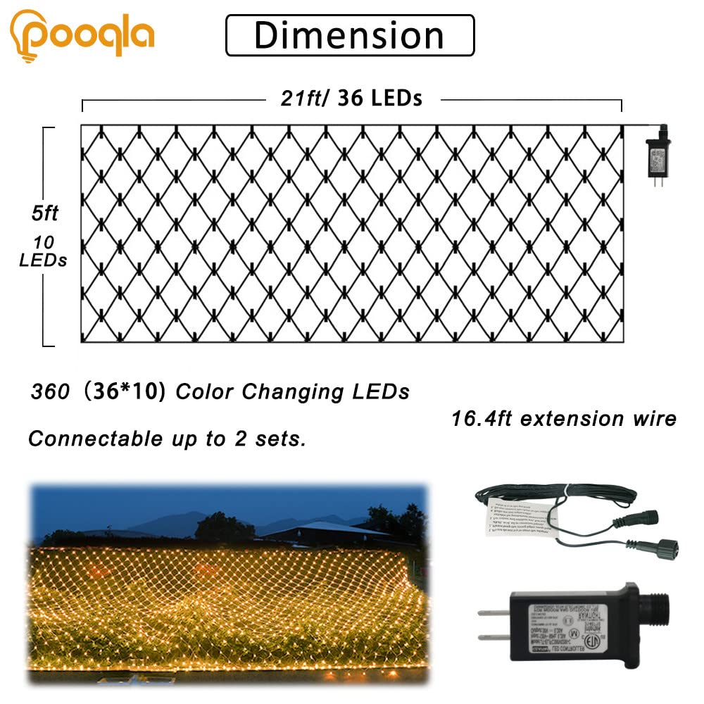 Pooqla Warm White LED Christmas Net Lights, 360 LEDs, 21ft x 5ft, Connectable, Model LR-(1-1000) L-SL01