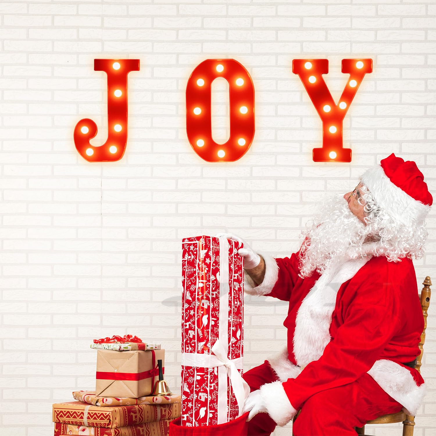 Zimati Christmas Marquee Lights - 3 LED Joy Letters, 8.5" Battery Operated Decor, Red Plastic for Indoor Home, Bar, Party, Wall, Fireplace