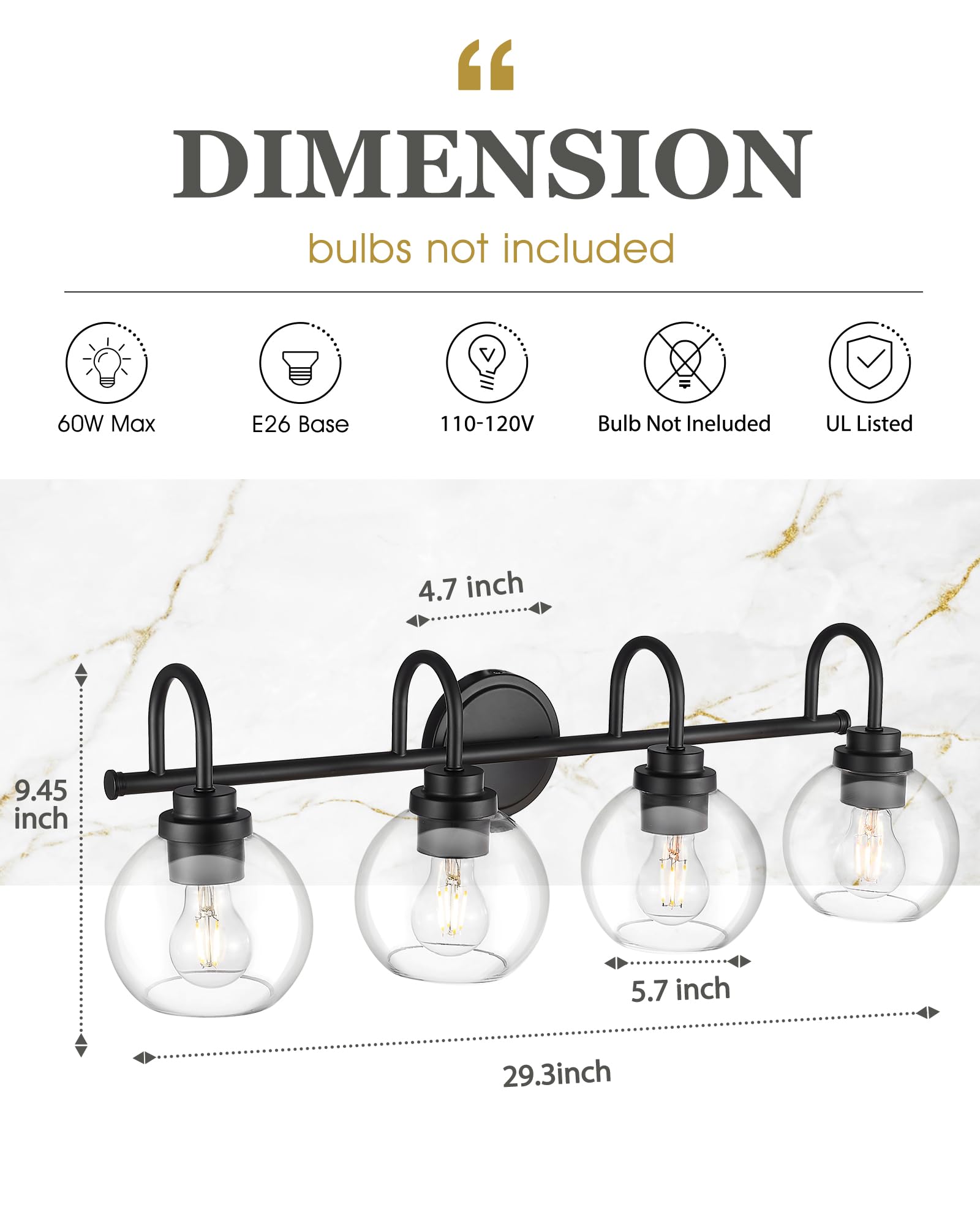 Audickic 4-Light Bathroom Light Fixtures Matte Black Vanity Lighting with Clear Glass, 30 Inch, Model AD-22280-4W-BK