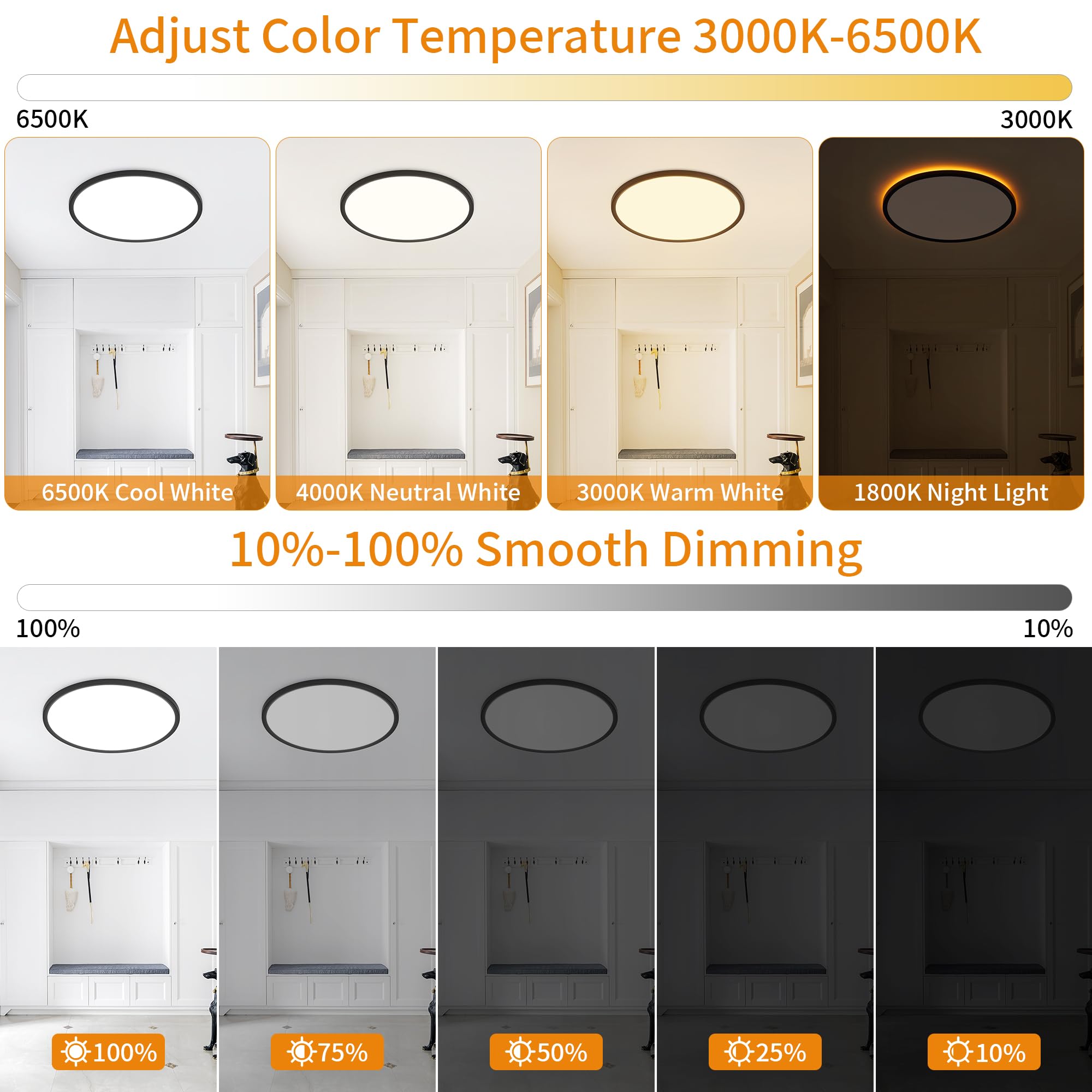 UprizeP Flush Mount Ceiling Light 11in LED, 1800K Nightlight & 3000-6500K Dimmable, Black, Model SK1039