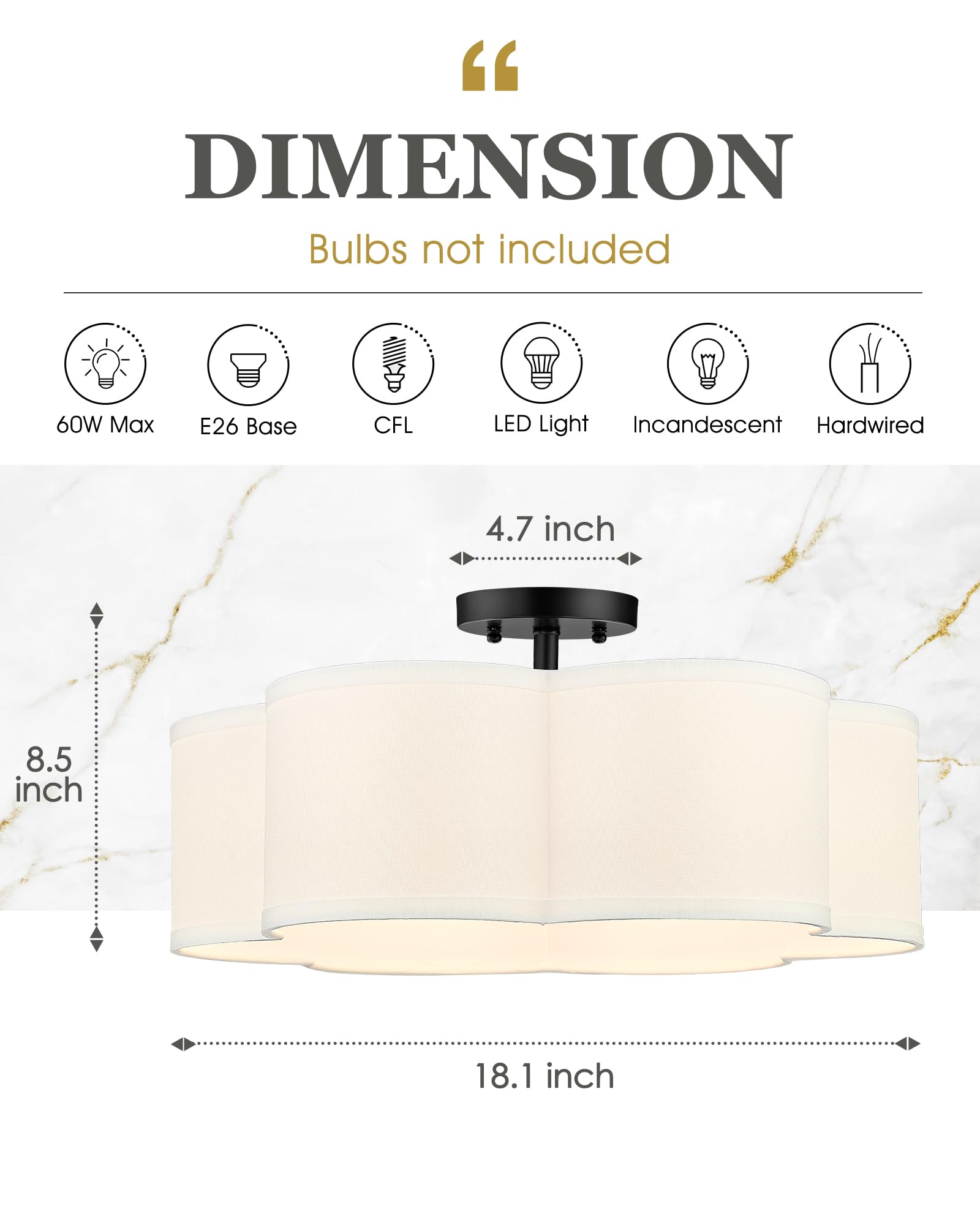 Audickic Black Semi Flush Mount Ceiling Lights, 6-Light 18Inch Ceiling Light Fixtures With Fabric Drum Shade In Flower Shape For