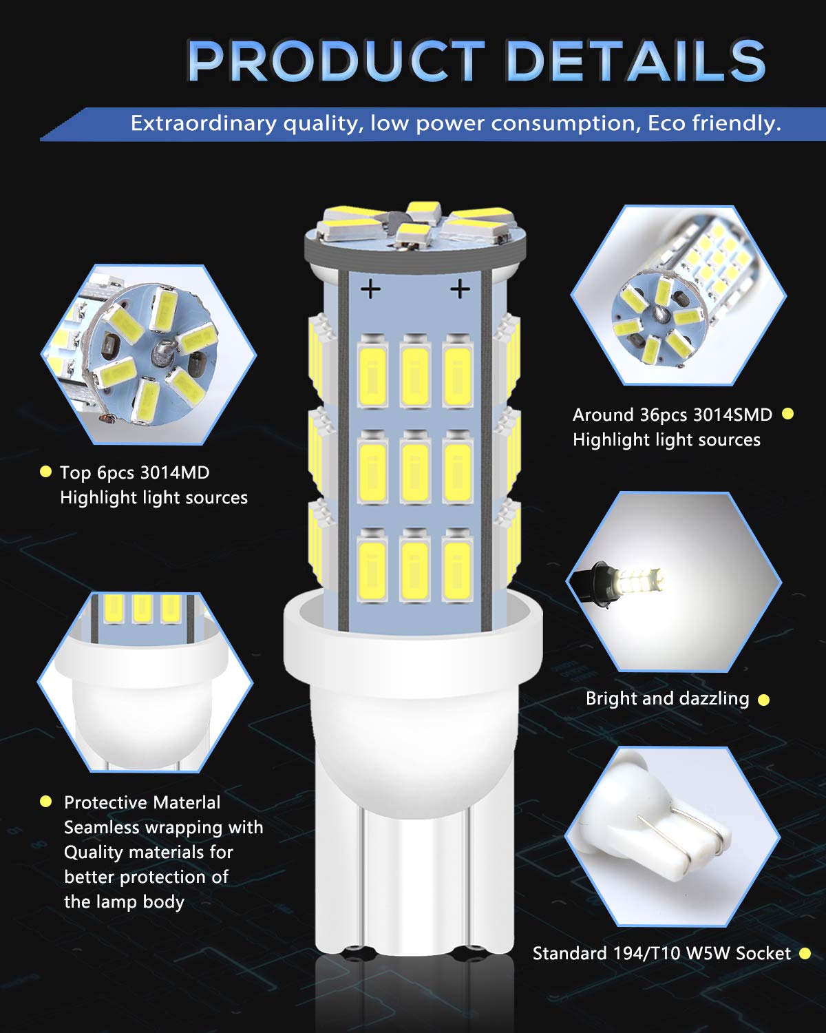 Qoope RV Interior LED Light Bulbs, T10 912 194, 20-Pack, White, Model 3014-42SMD, Perfect for Camper and Trailer Lighting